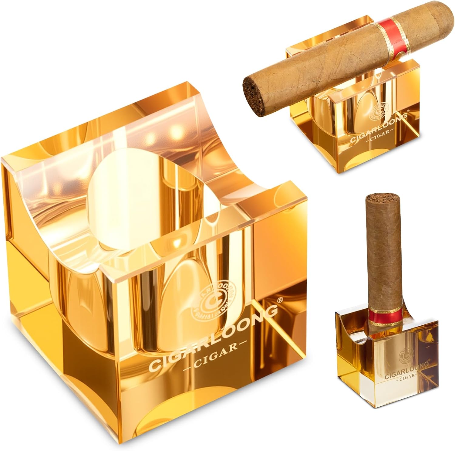 Cigar Stand Crystal Glass Portable & Stylish Mini Cigar Rest, Outdoor and Indoor Use, Cigarettes Accessories for Holder (Gold)