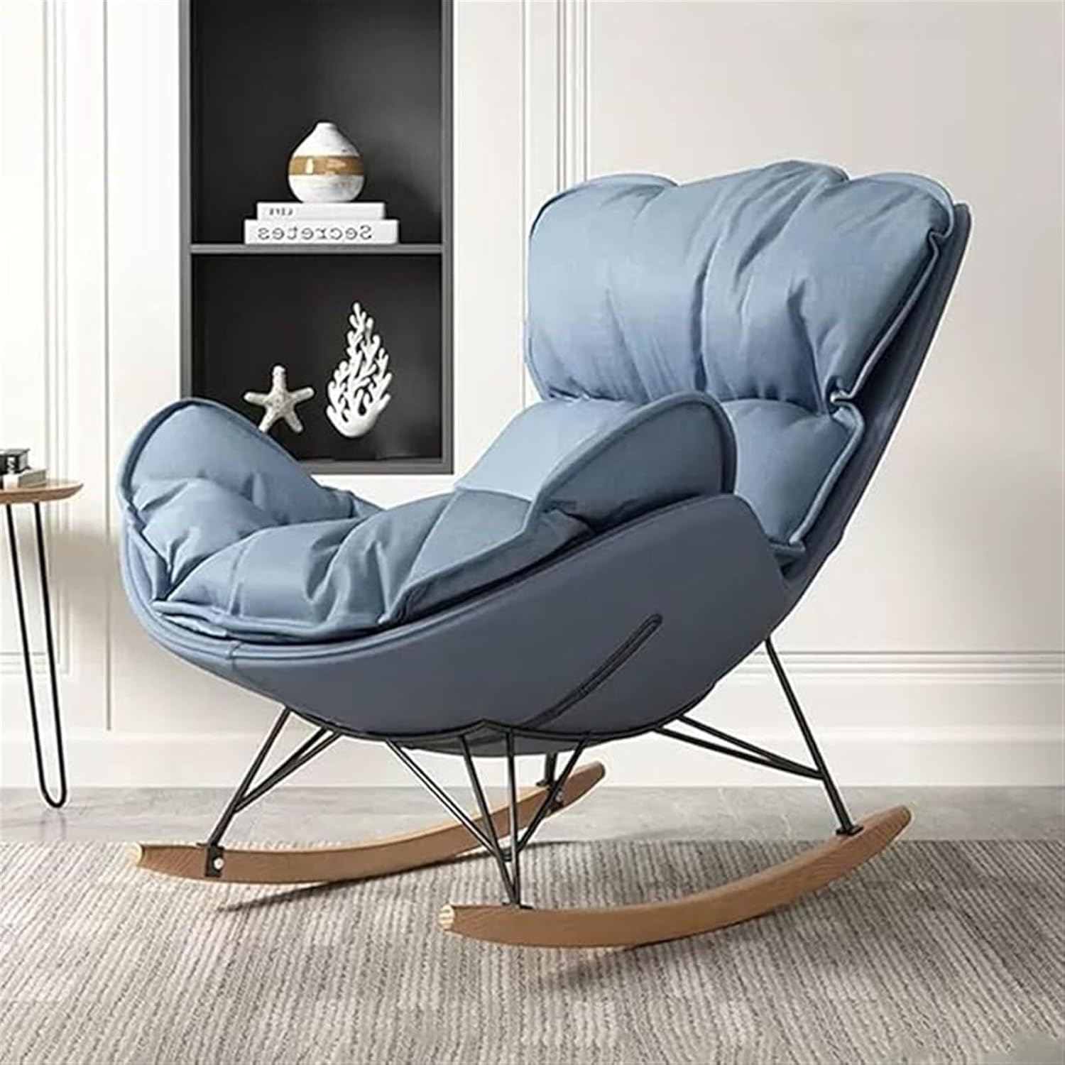 Glider Rocking Chair with Tech Cloth Upholstery, Soft Foam Seat, Solid Base, Ergonomic Lounge Chair for Living Room, Bedroom, Office, and Nursery(Blue)