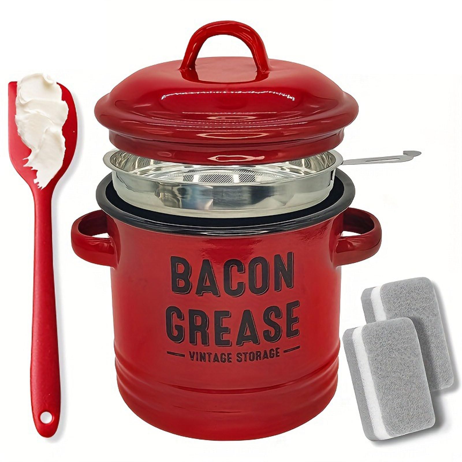 Qisuw Enameled Grease Storage Jar with Strainer and Silicone Spatula for Preserving Bacons Drippings Fat and Cooking Oil Keeper Fat Storage Keeper