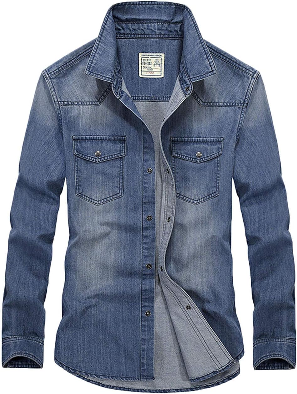 Flygo Men's Spring Fall Relaxed Snap Long Sleeve Washed Denim Shirt