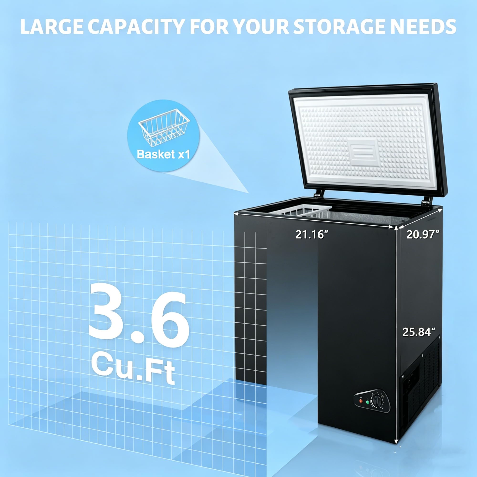 Compact Deep Freezer, 3.6 Cu Ft Chest Freezer with 6 Adjustable Thermostat, Top Open Door Freezer with Removable Basket, Energy Saving Freezer for Home, Apartment, Office, Black