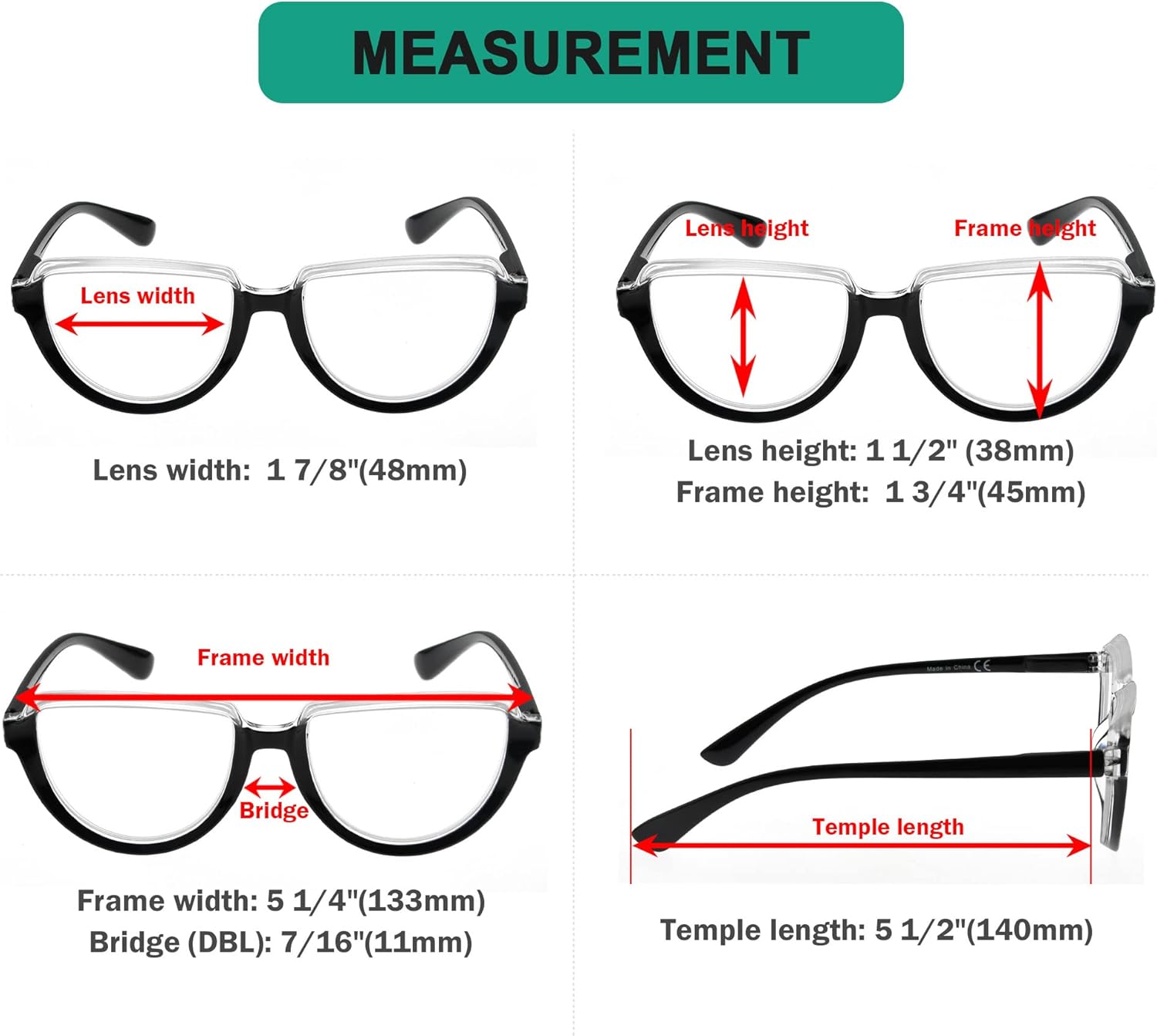 Eyekepper 4 Pack Reading Glasses Large Frame - Oversize Ladies Half Moon Design Readers