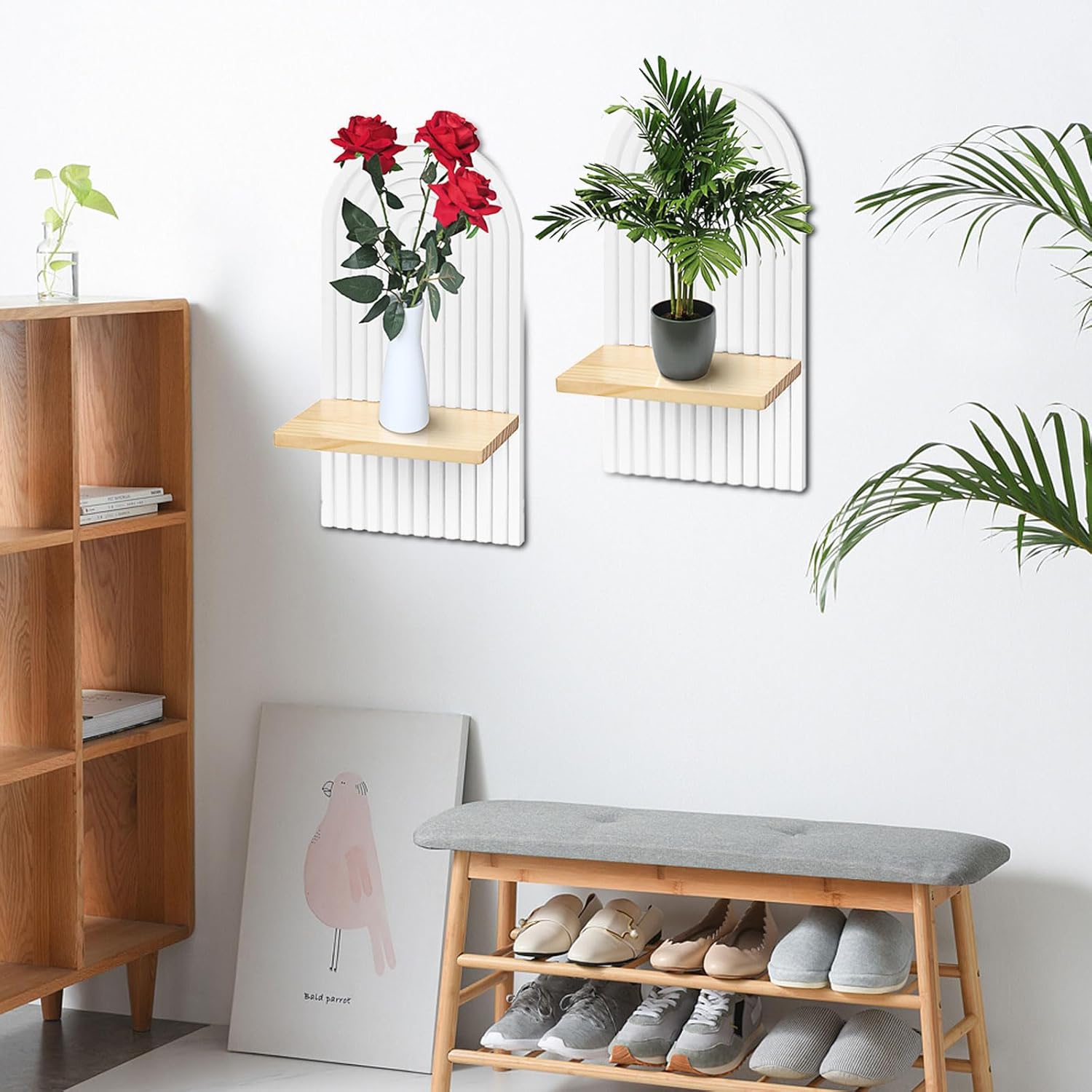 2 PCS Wall Mounted Plant Holder, Wooden Rainbow Plant Wall Shelf, Boho Wall Shelf Mid Century Arch Wood Floating Wall Shelf Decor for Bathroom, Bedroom, Kitchen (Wood-01)