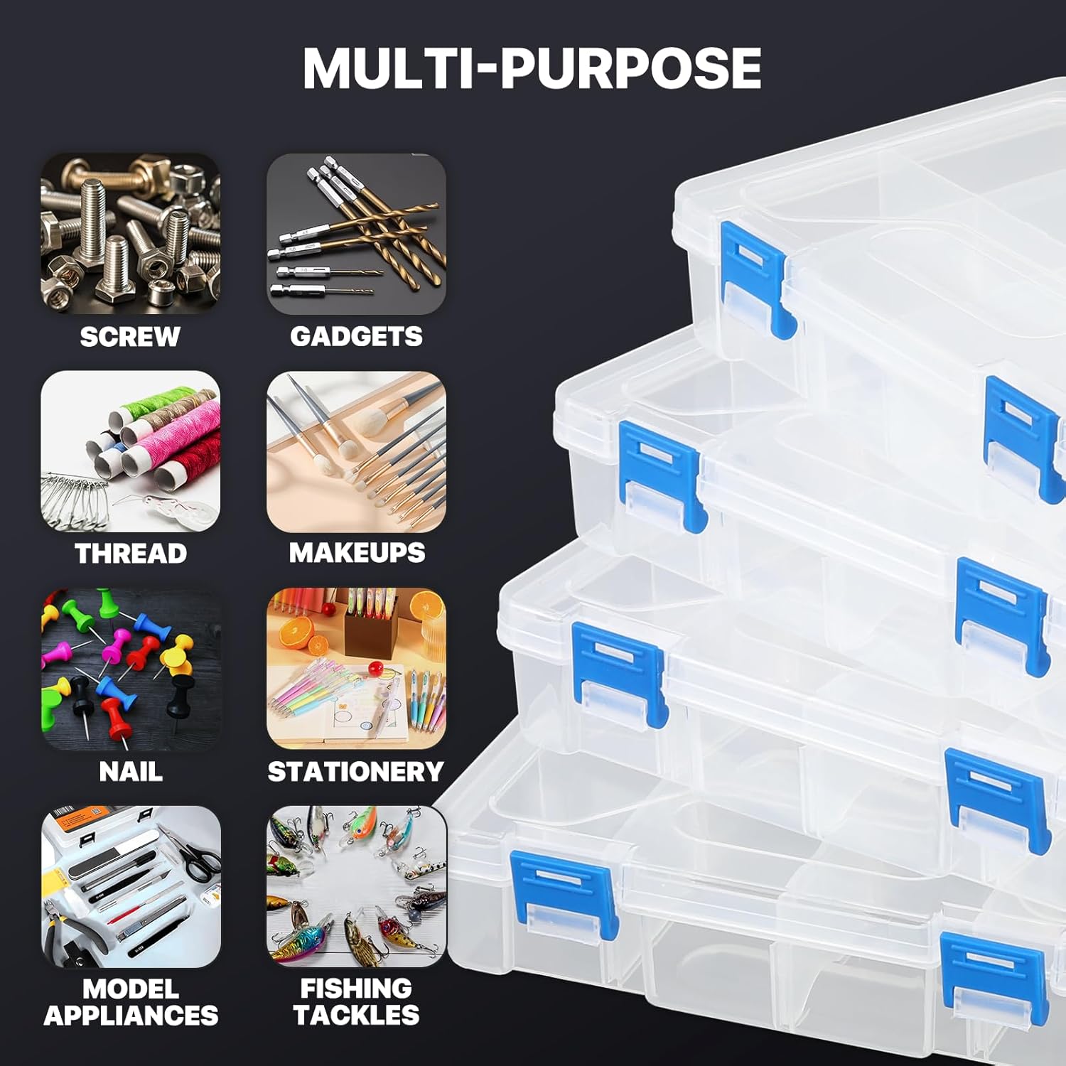 MoNiBloom 8-Grid Small Tackle Boxes Organizer with Removable Dividers Adjustable Compartment Clear Plastic Storage Box Waterproof Container Case for Fishing Tackles, Art Craft, Bead, Jewelry (4-Pack)