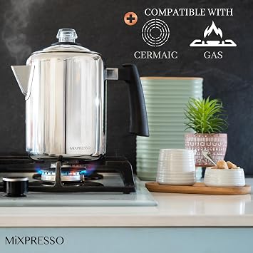 Mixpresso Stainless Steel Coffee Percolator Stove 30 oz Classic Percolator Coffee Pot Perfect for Camping Pots 5-8 Cup Stove Top Coffee Maker with Cool Touch Handle