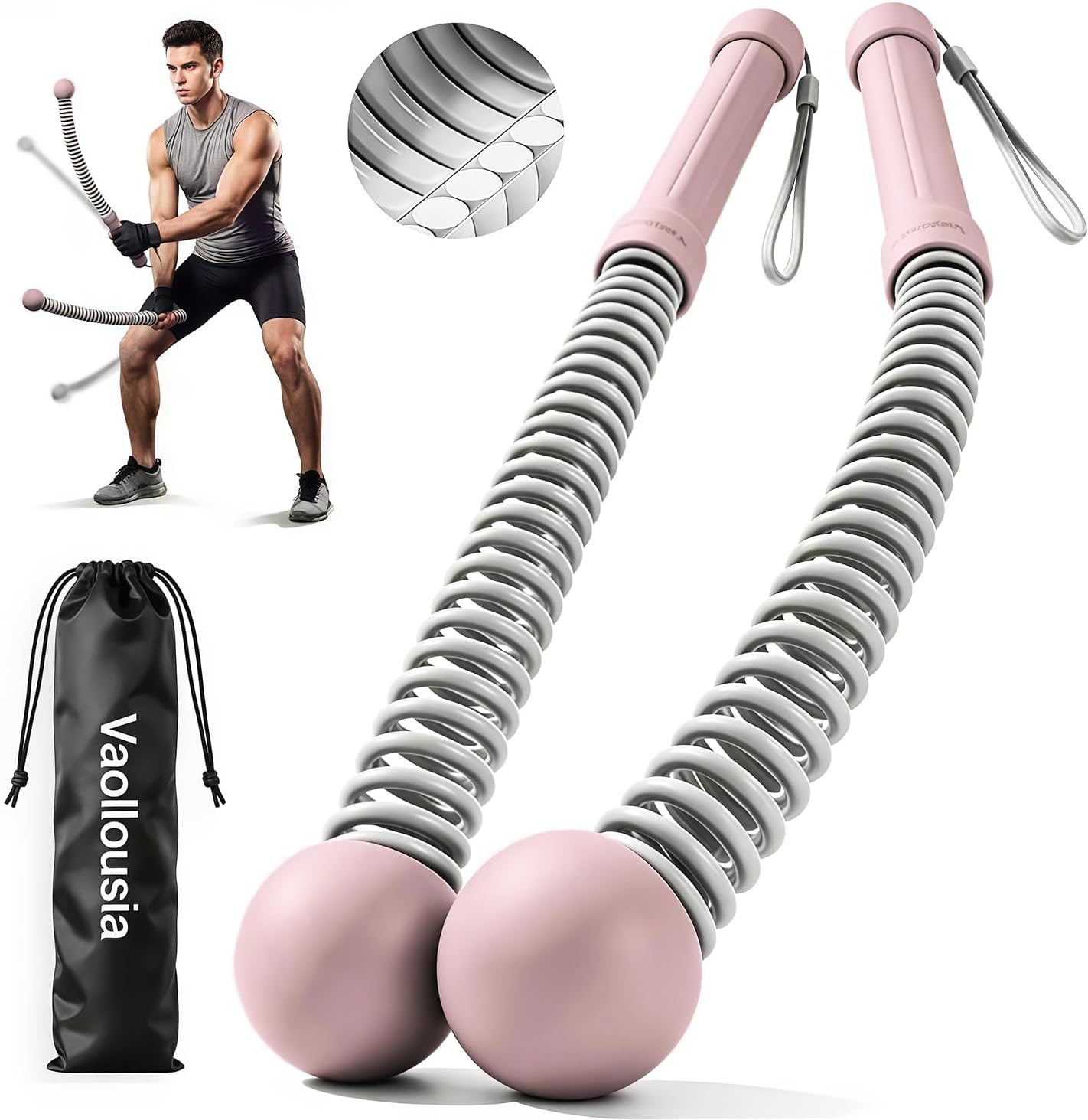 Ropeless Battle Ropes for Home Gym&Travel - 2 Pack Cordless Portable Battle Ropes, Exercise Rope Sticks for HIIT, Strength & Cardio, for Men&Women Fitness Enthusiasts and Athletes, Pink