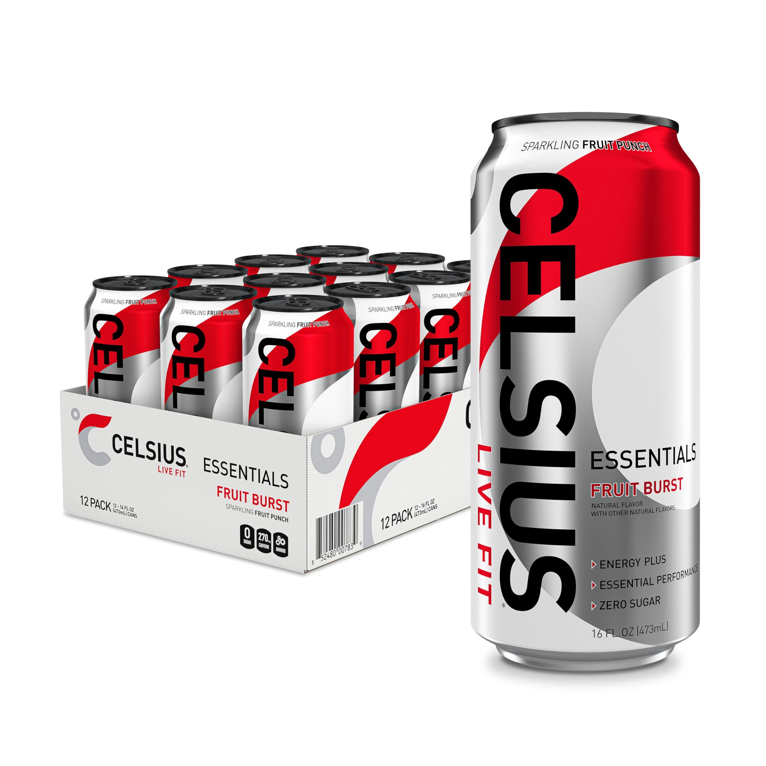 CELSIUS ESSENTIALS™ Sparkling Fruit Burst, Sugar Free Performance Energy Drink, 16 Fl Oz (Pack of 12)