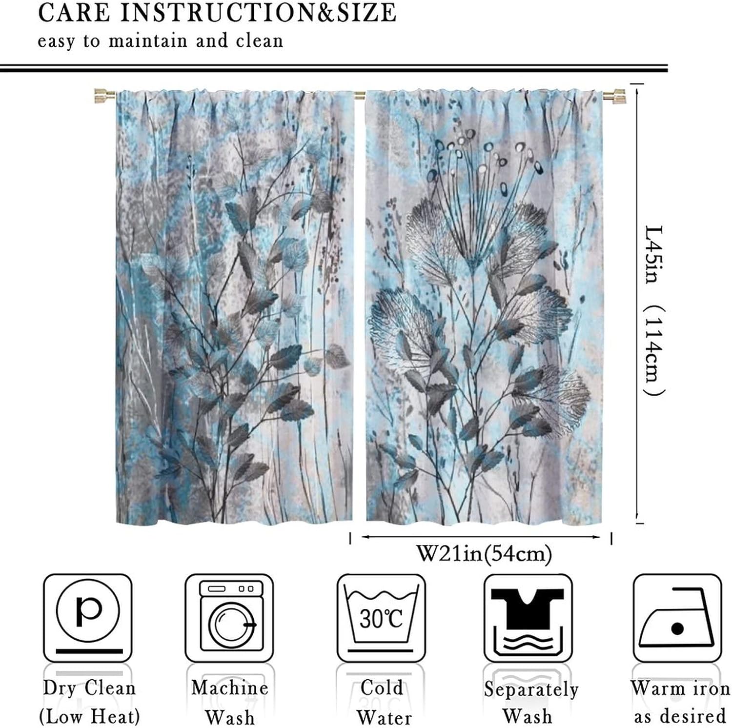 Rustic Farmhouse Blue Floral Kitchen Curtains Teal Flower Spring Country Plant Printed Curtains for Bedroom Living Room Café Window Drapes 2 Panels Set,Total Size 42" x 45"