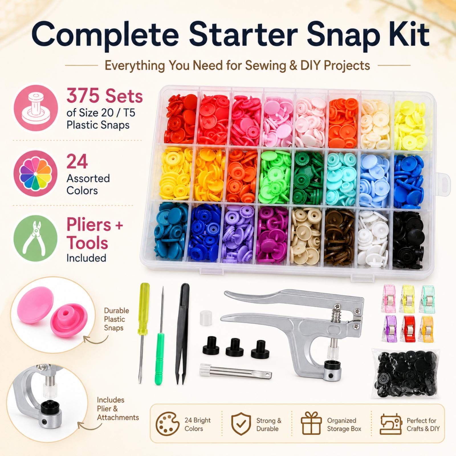 Snap Button Kit with Pliers - 375 T5 Snaps in 24 Colors -2