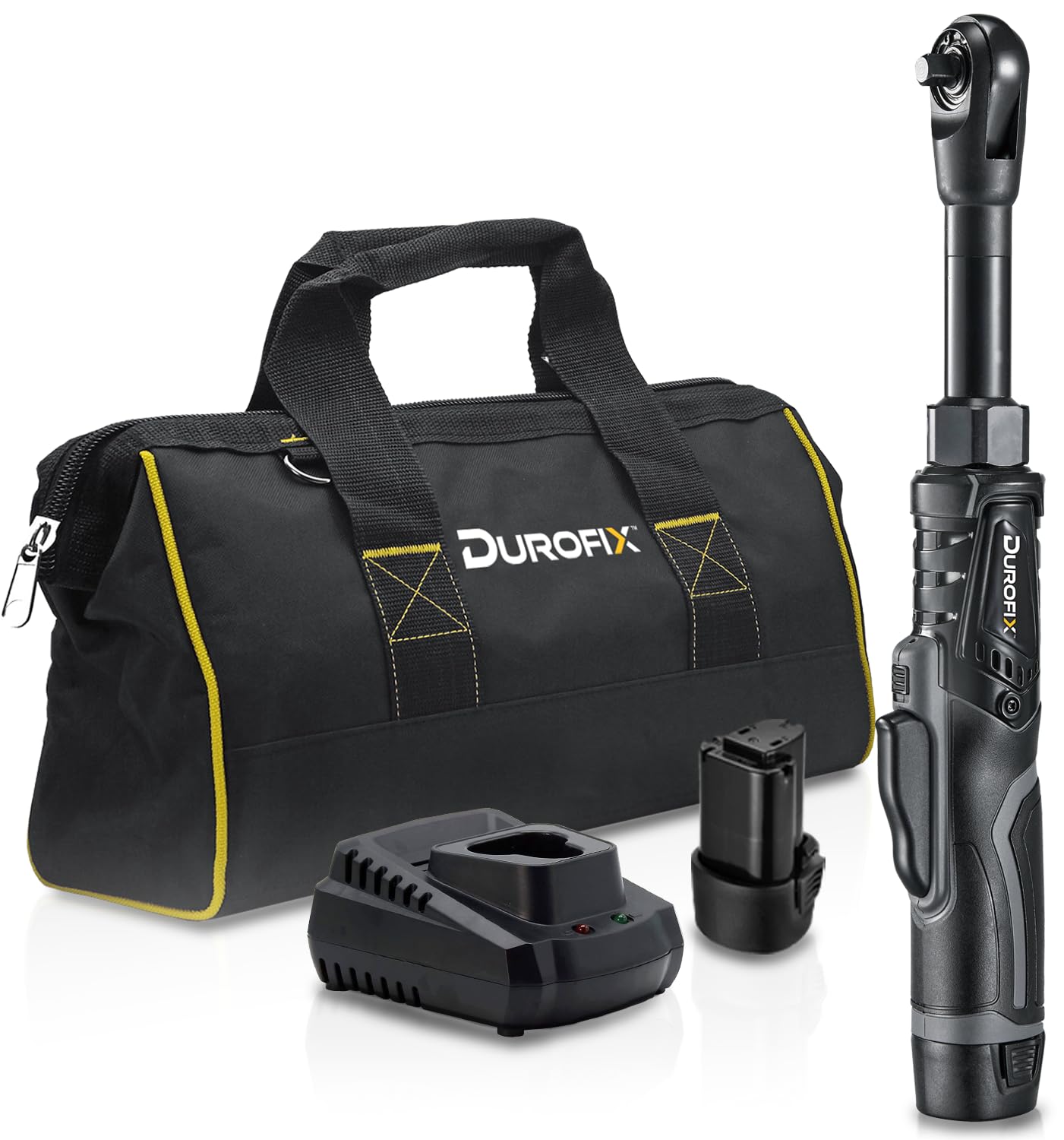 Durofix Black Rw1216-3P2g G12 Series 3/8" Extended Ratchet Wrench 10.8V Li-Ion Cordless Electric Power Tool Kit With X2 Batteries, Charger & Canvas Bag (88 Nm Fastening Torque)