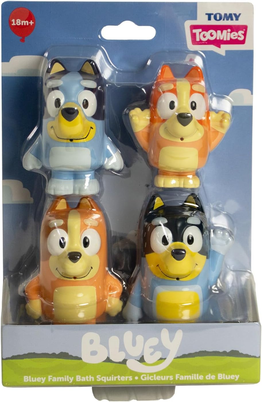 TOMY Toomies Bluey Bath Toy Squirters - Includes Bandit, Chilli, Bingo, and Bluey Figures – Toddler Water Toys for Pool or Bathtub Play - Toddler Toys Ages 18 Months and Up