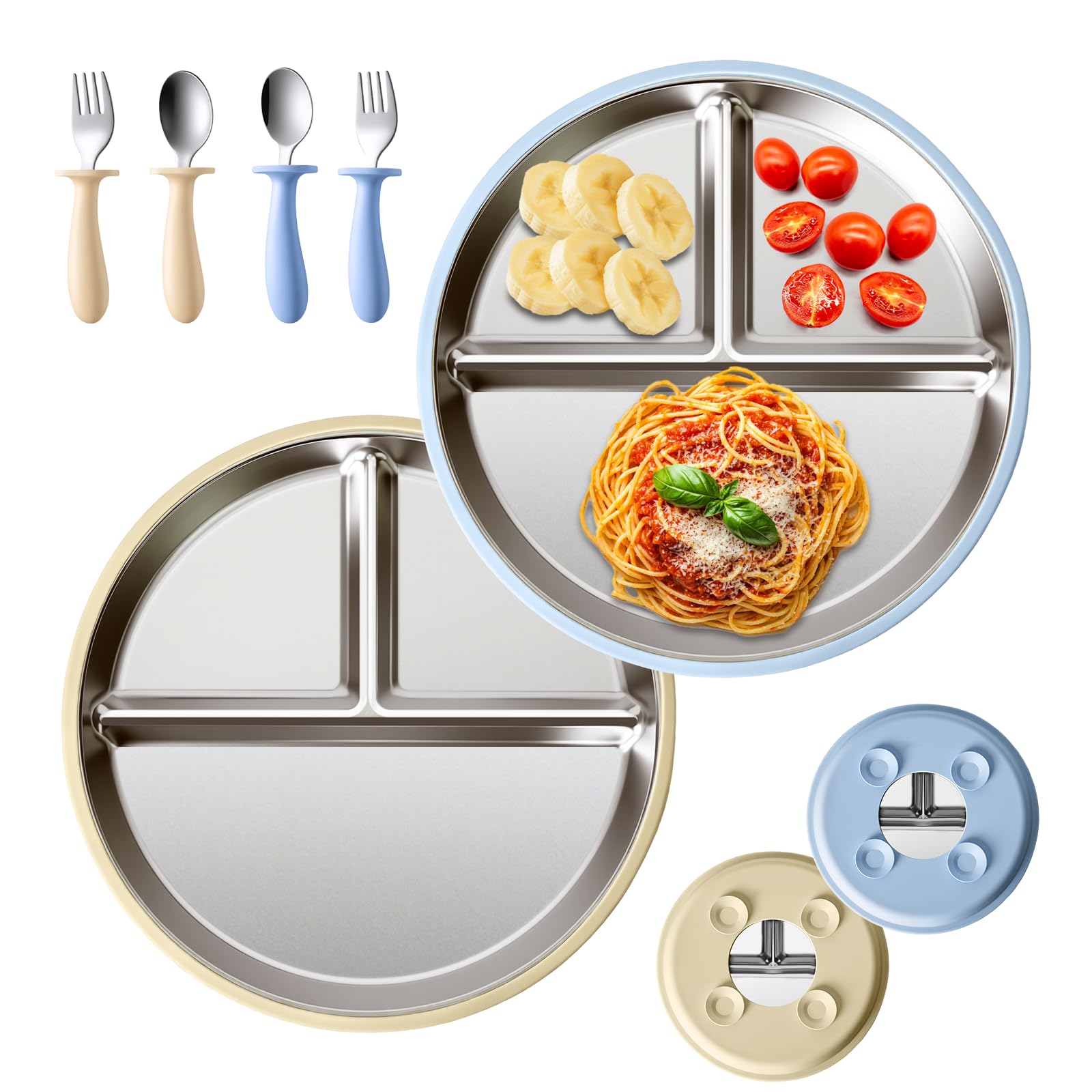 Sweetone Lot de 2 assiettes pour enfants avec ventouse, sans BPA, en acier inoxydable, antidérapantes, divisées avec 2 fourchettes et 2 cuillères, passent au lave-vaisselle, idéales pour manger