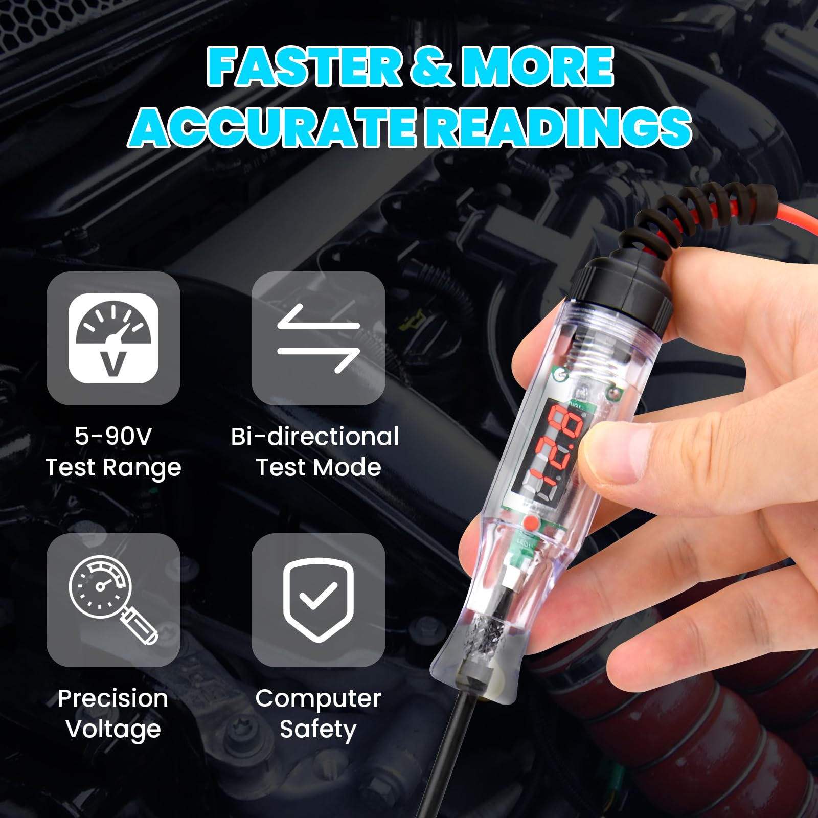 Luz de prueba automotriz, probador de circuito LED digital de 5-90 V con pantalla de voltaje, probador de circuito bidireccional automotriz, probador de voltaje eléctrico con cable de resorte