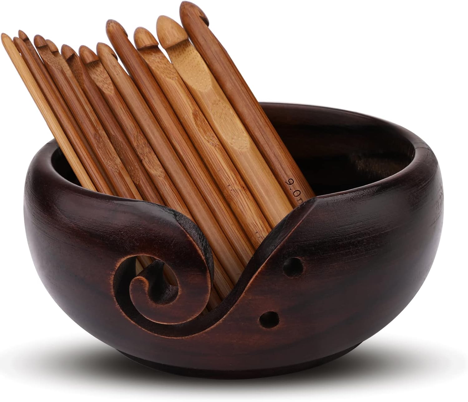 Wooden Yarn Bowl with 12Pcs Bamboo Crochet Hooks Set, Wood Wool Storage