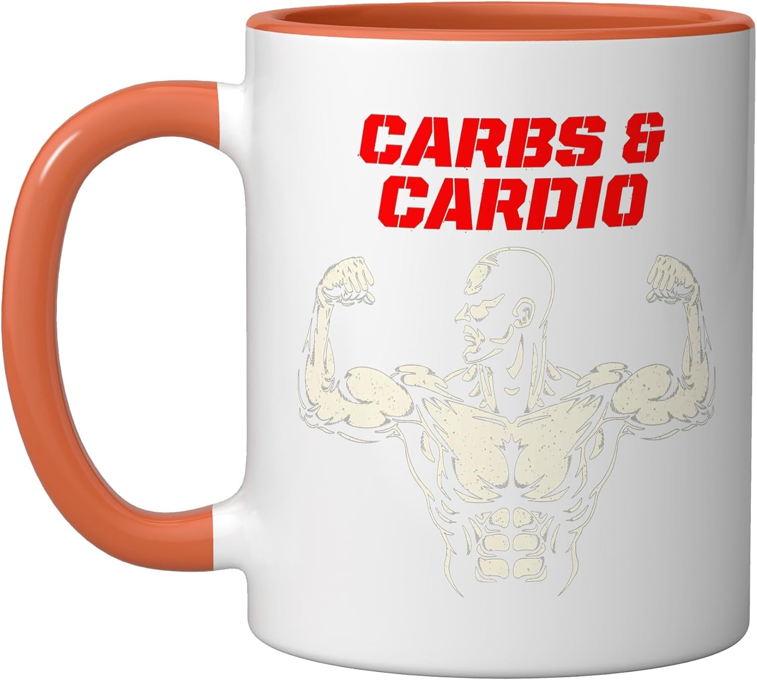 Carbs & Cardio Fitness Workout Gym Ceramic Mug, Orange/White