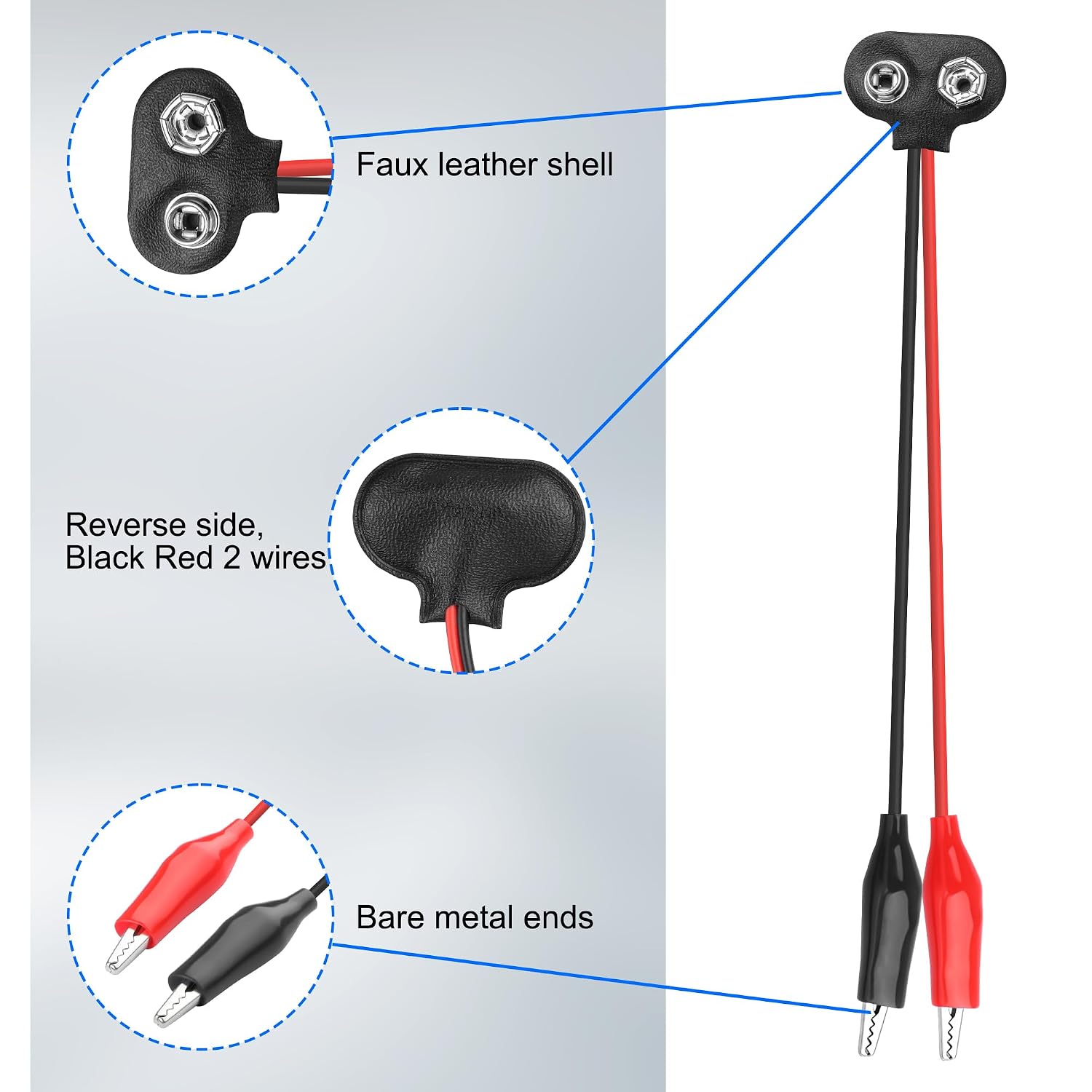 MEIRIYFA 9Volt Battery Snap Connector with Alligator Clips, 10 Pack Dual Alligator Clips to 9V Battery Snap Connector Wire Cables (18CM)