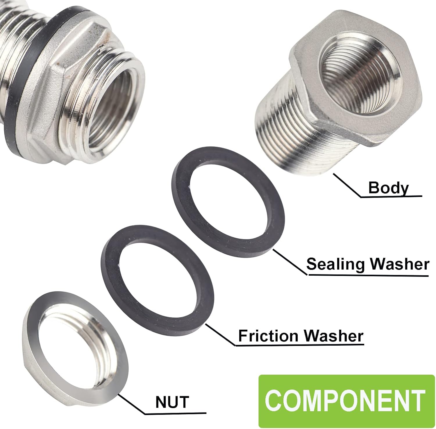 2 Pack Stainless Steel Bulkhead Tank Fittings, Double 3/4" GHT Male to 1/2" NPT Female Threaded Garden Hose Bulkhead Water Tank Connector with hole saw