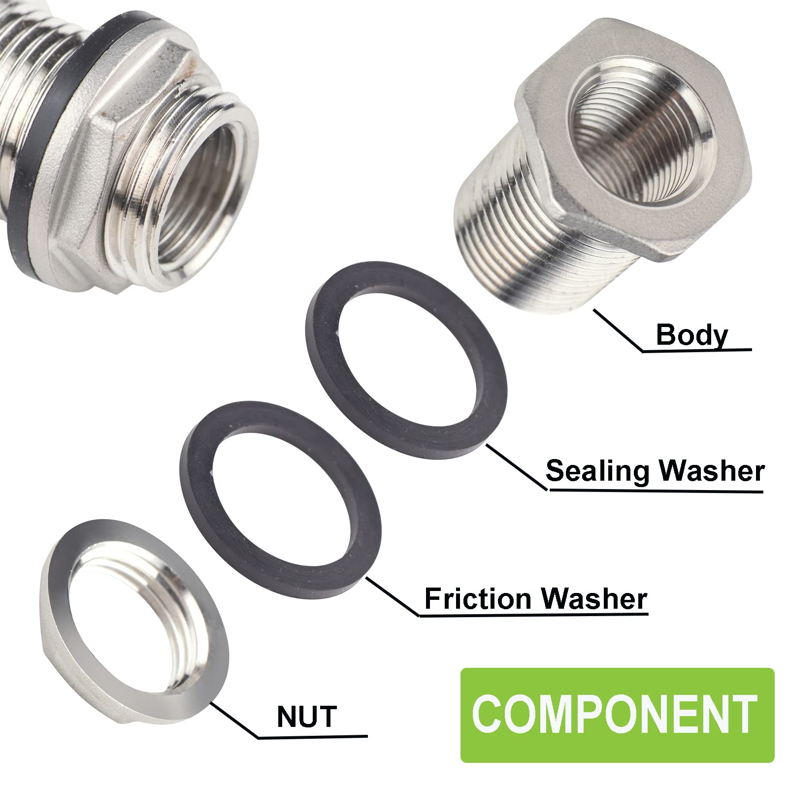 Paquete de 2 accesorios de tanque de mamparo de acero inoxidable, doble macho GHT de 3/4 pulgadas a hembra NPT de 1/2 pulgada