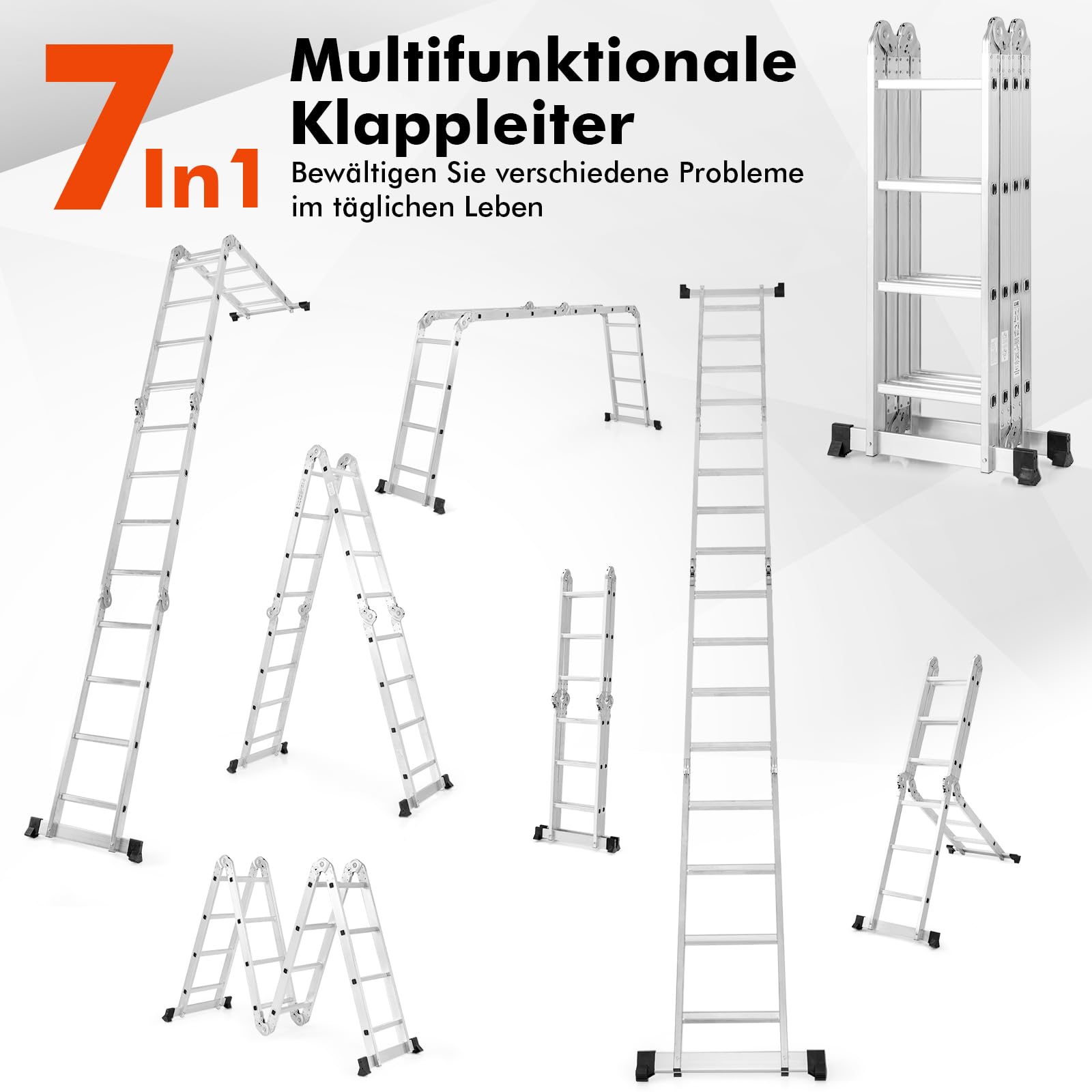 COSTWAY Aluminiowa drabina 7 w 1, 4,6 m, wielofunkcyjna drabina aluminiowa, nośność 150 kg, składana drabina schodowa, 4 x 3 stopnie, wielofunkcyjna, składana, do domu i na zewnątrz