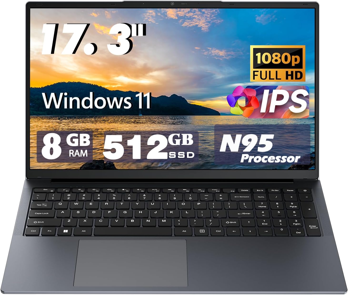 17 inch Laptop Computers,12th Generation Processor N95 4C 4T(Up to 3.4Ghz),8GB DDR4 RAM 512GB SSD,1920*1080,10000mAh Large Battery,Type-C(Data), WiFi5,BT,RJ45,Dual Stereo Speakers, Backlit Keyboard