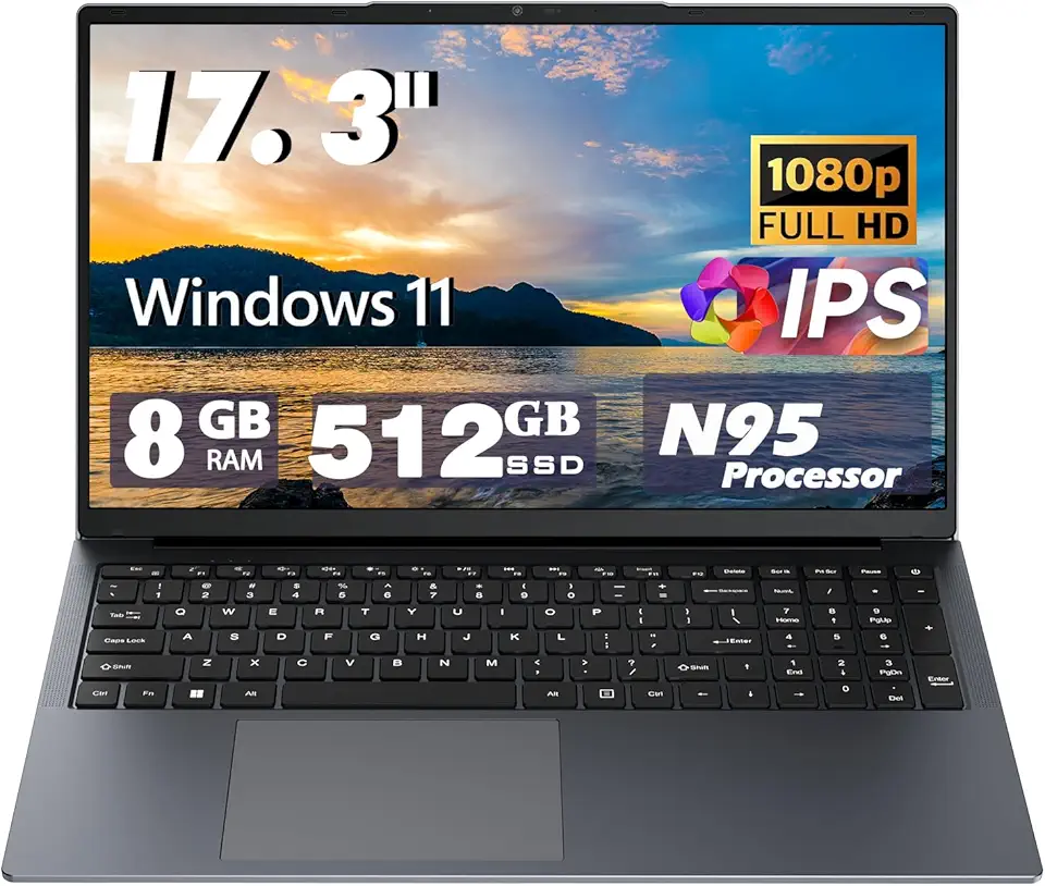 Laptop de 17 polegadas, processador de 12ª geração N95 4C 4T (até 3,4 GHz), 8 GB DDR4 RAM 512 GB SSD, bateria grande 1920 x 1080, 10000 mAh, tipo C (dados), WiFi5, BT, RJ45, alto-falantes estéreo