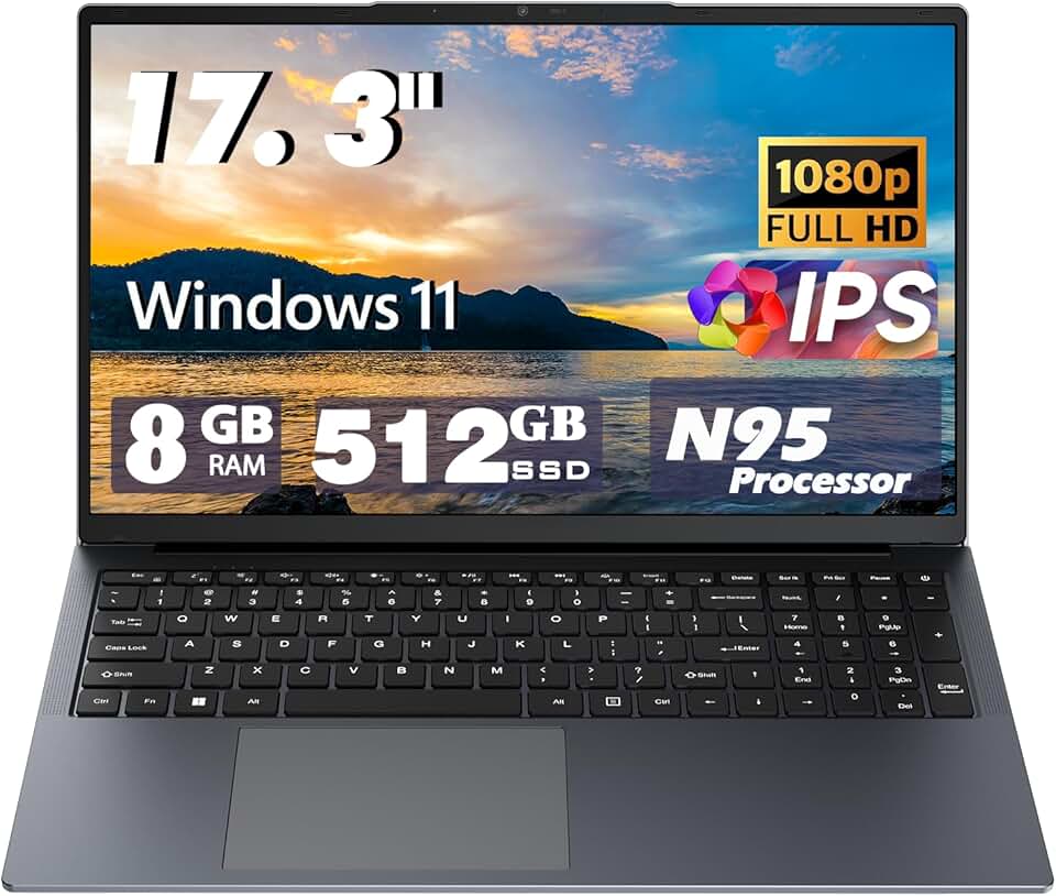Laptop de 17 polegadas, processador de 12ª geração N95 4C 4T (até 3,4 GHz), 8 GB DDR4 RAM 512 GB SSD, bateria grande 1920 x 1080, 10000 mAh, tipo C (dados), WiFi5, BT, RJ45, alto-falantes estéreo