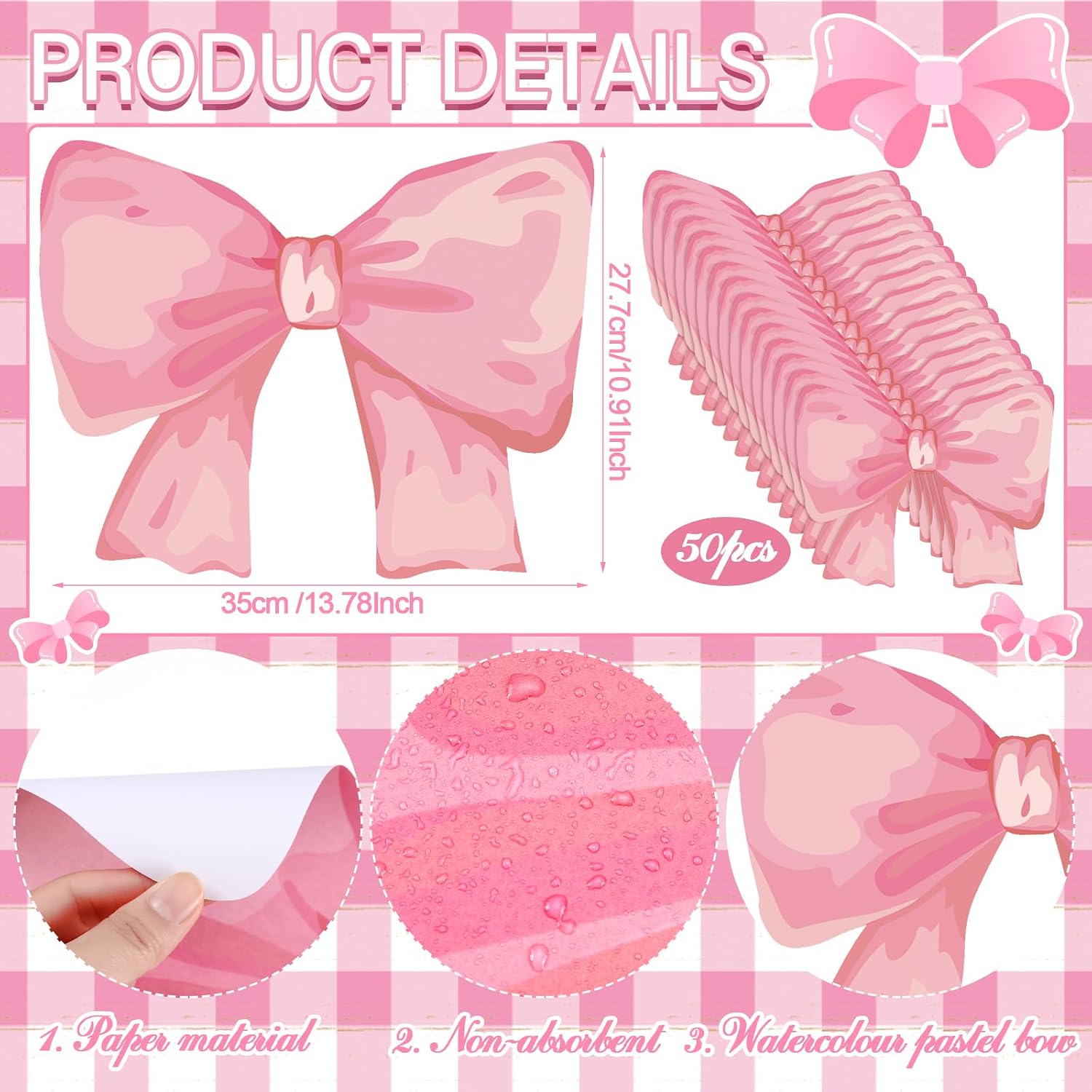 Disposable Bow Placemats Coquette Bow Table Mats Slice 13.8 Inches Decorative Paper Placemats for Birthday Bridal Wedding Party Table Setting(Pink,50 Pack)
