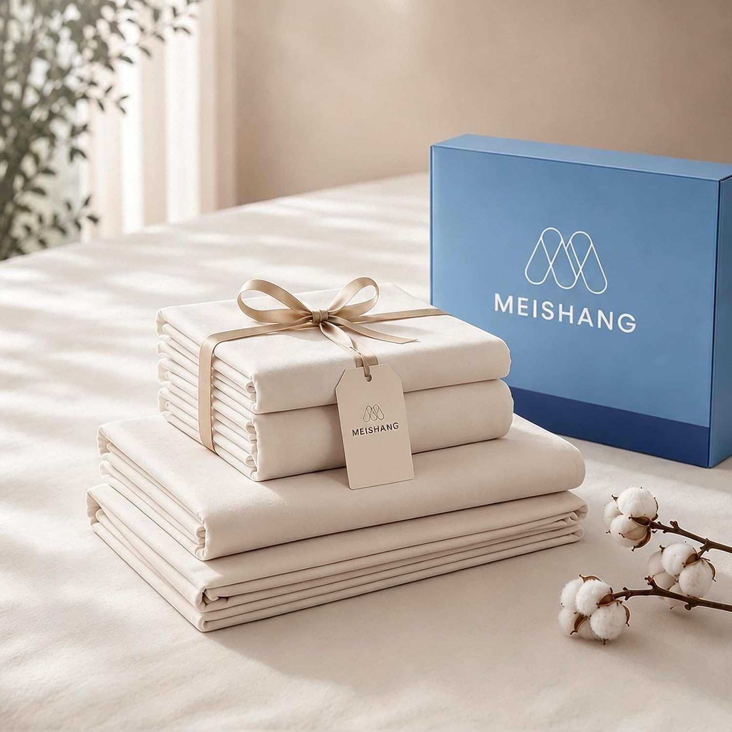 MEISHANG 1000 Thread Count Cotton Sheets Queen Size - 100% Egyptian Cotton, Sateen Weave, Soft & Breathable, Oeko-Tex Certified, 16" Deep Pockets - 4 Piece (Queen, Linen)