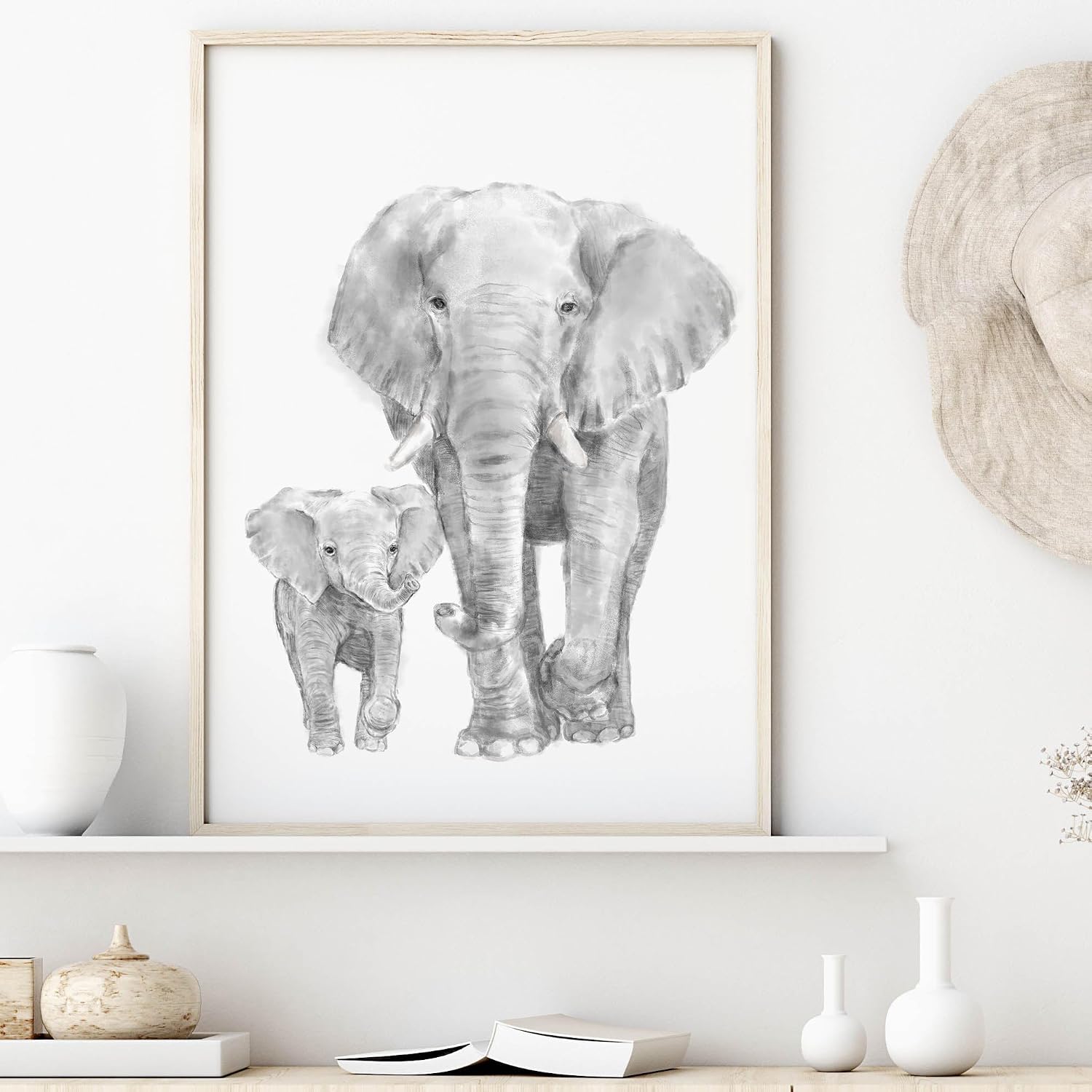 Gentle Giants: Baby Elephant and Mom Wall Art Print | Grey Watercolor Painting for Gender Neutral Nursery Decor - UNFRAMED, Signed by Artist (16x20 inches)