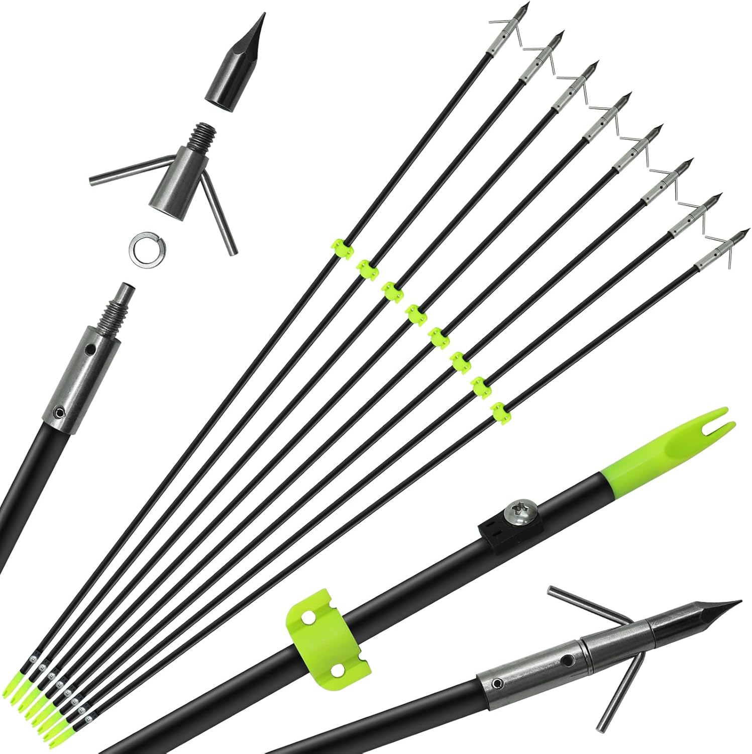 2/8Pack 34 Inches Bowfishing Arrows 8mm Fiberglass Fishing Arrow with Removeable Tips and Safety Slides for Archery Bow Fishing