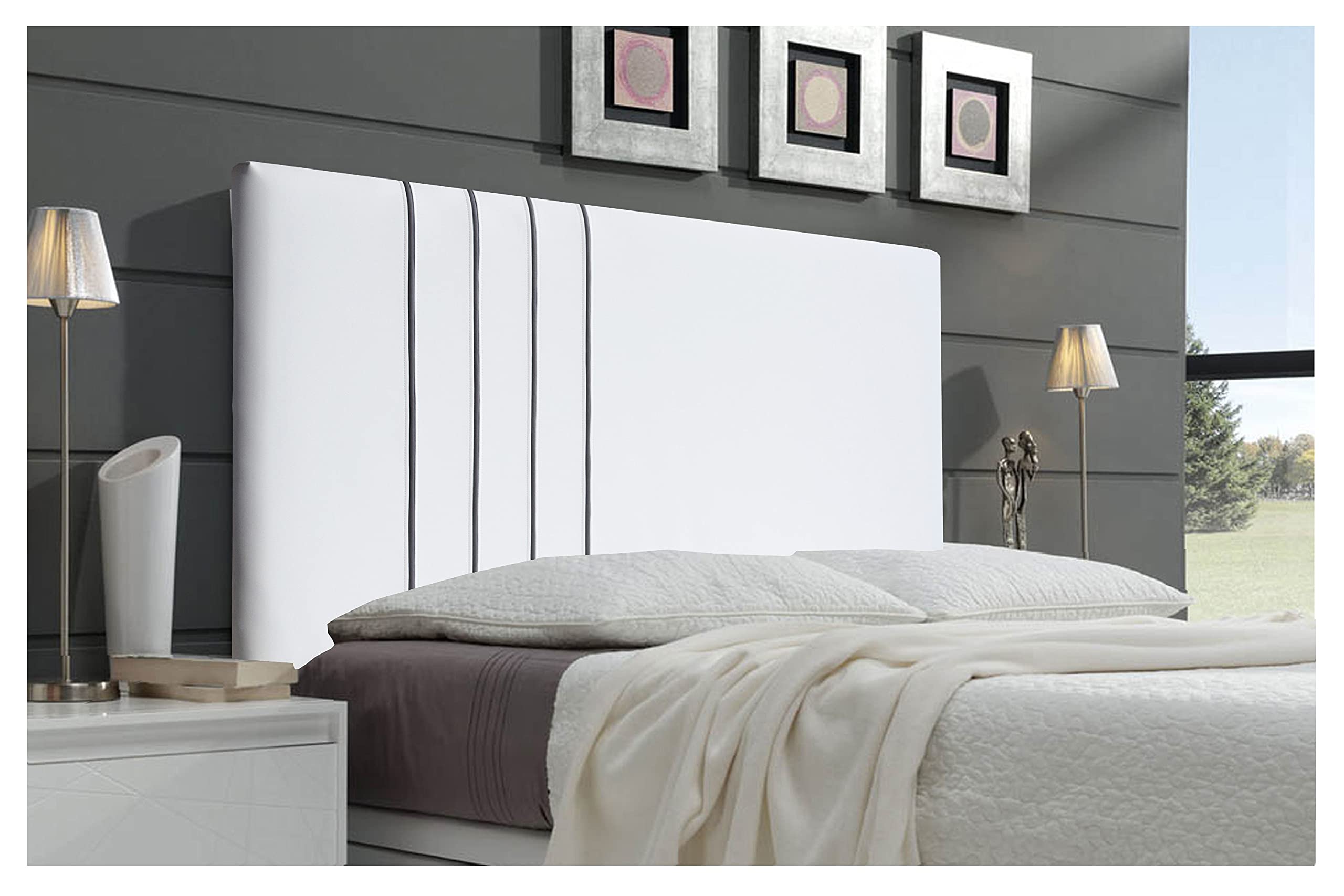 ONEK-DECCO Cabecero tapizado en Polipiel Mod. Dublin 2 para Cama de niño, Juvenil y Matrimonio (70 cm. Alto). (Blanco-Gris, 105x70)