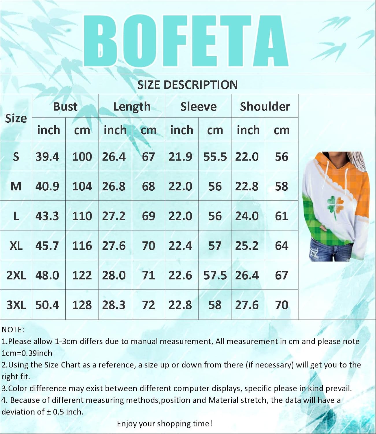 BOFETA Women's St. Patrick's Day Hooded Sweatshirts Long Sleeve Plus Size Hoodies Pullover Four-Leaf Clover Sweatshirt - Image 2