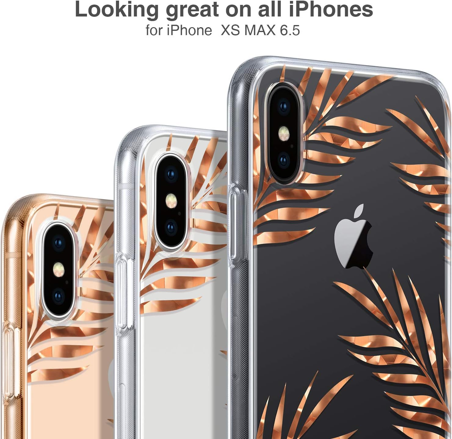 Coolwee iPhone Xs Max Case Rose Gold Case Thin Women Girls Men Floral Foil Transparent Clear Design Shiny Glitter Hard Back Case Soft TPU Bumper Cover for Apple iPhone Xs Max 6.5 inch (2018) - Leaves