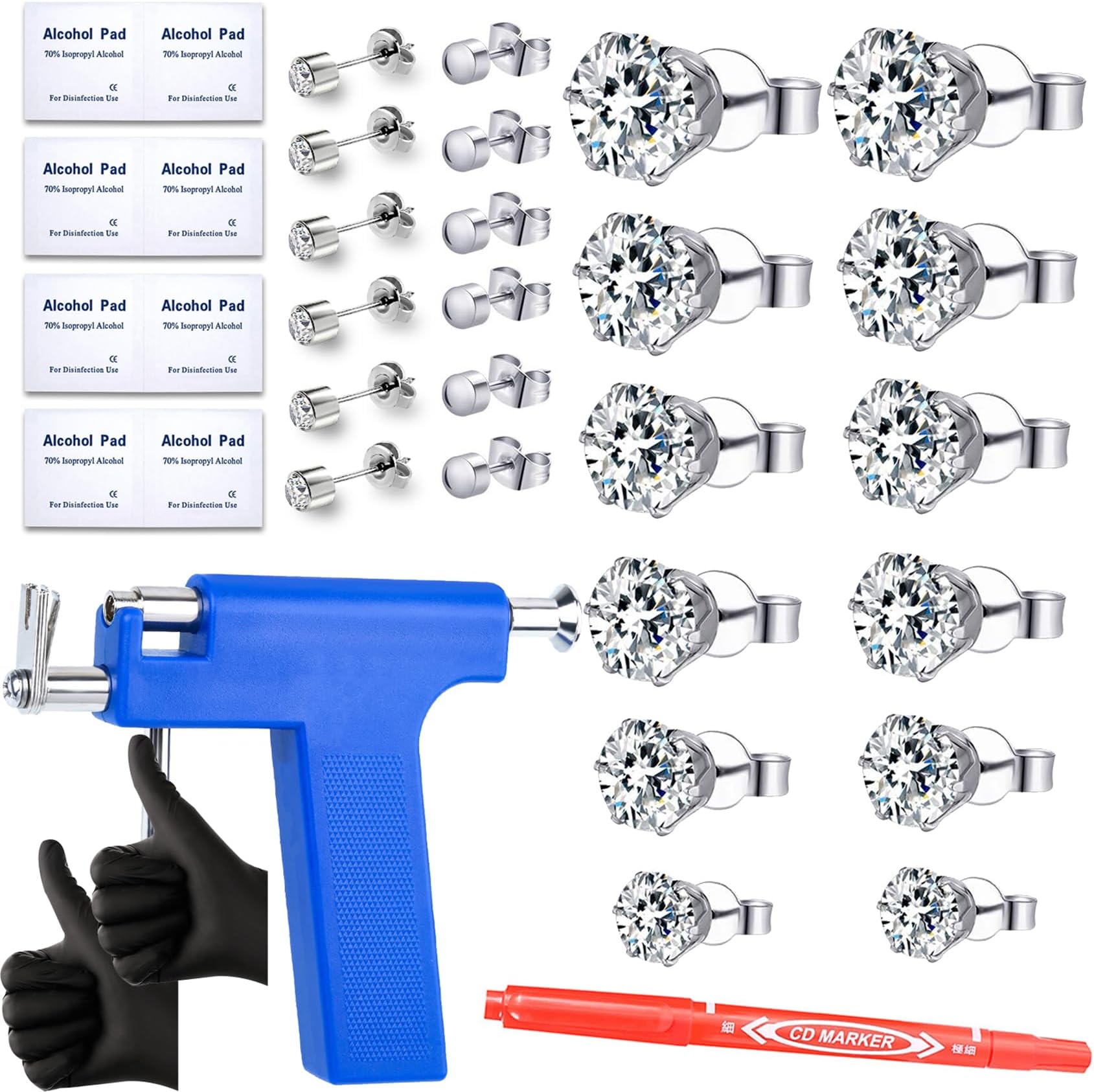Self Ear Piercing Gun Kit with 12 Pairs of CZ Ear Stud Piercing Tools with Multi-Purpose Ear Gun for Salon and Home Use