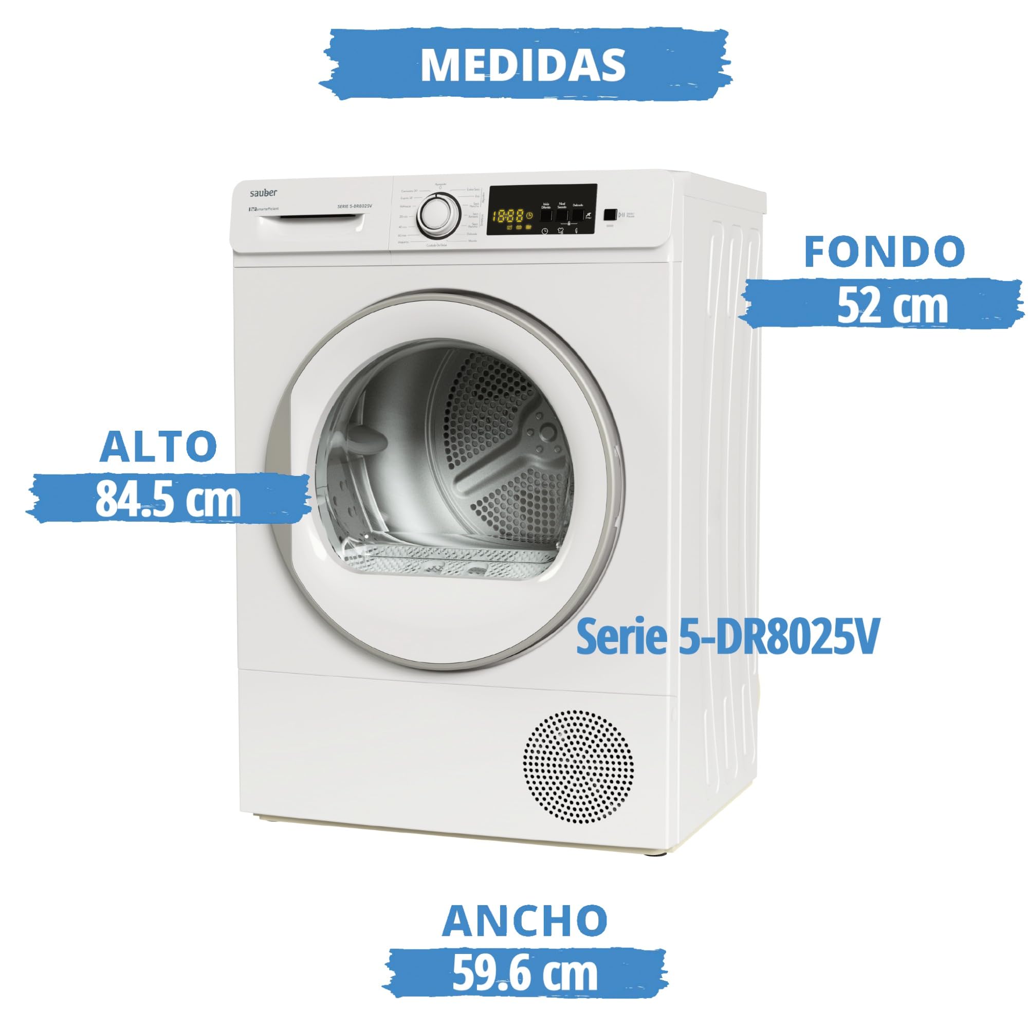 Sauber - Secadora BOMBA DE CALOR SERIE 5-DR8025V - 8 kg - E - 15 Programas - Iluminación del Tambor - Media Carga Avanzada - ENTREGA EN DOMICILIO CON INSTALACIÓN INCLUIDA