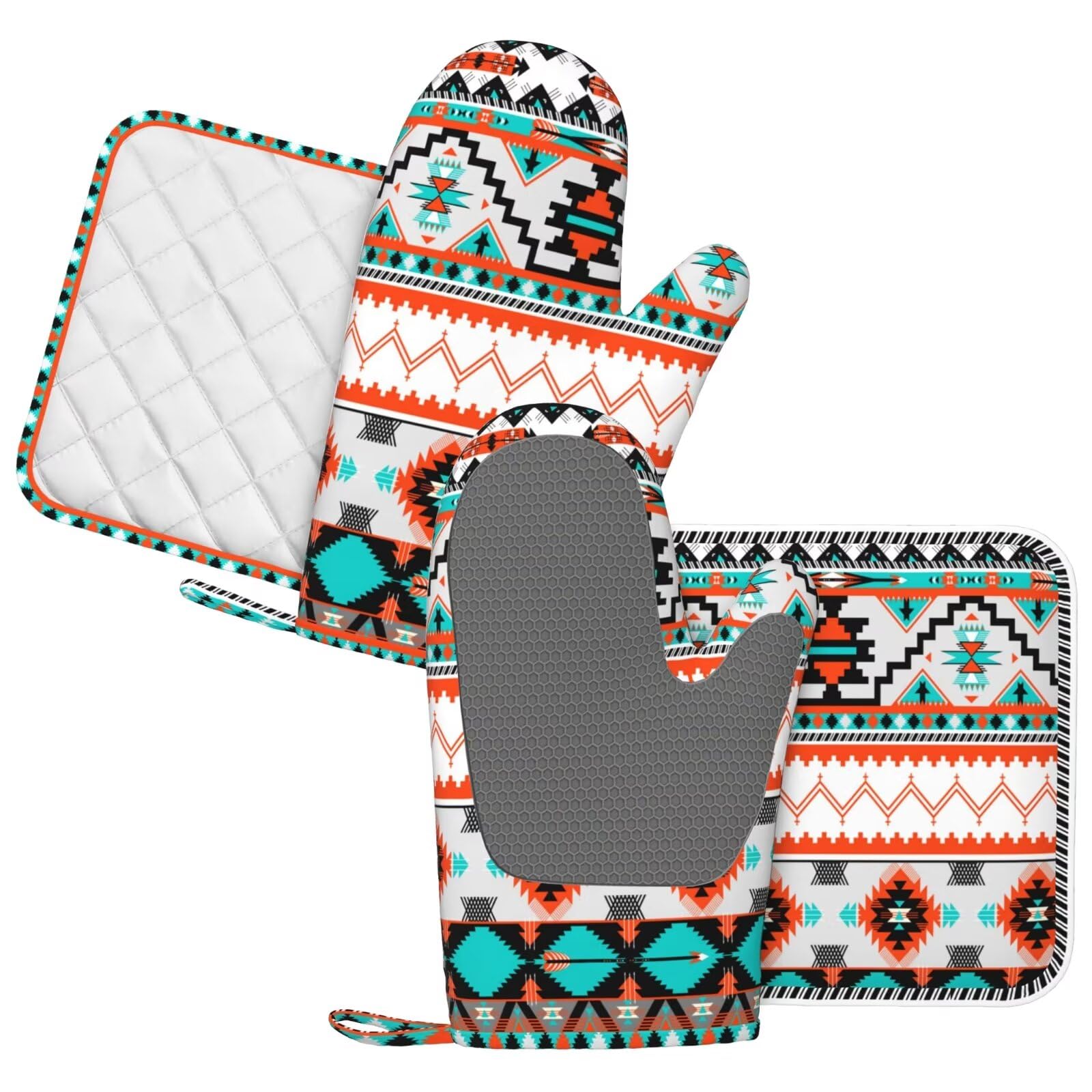 DONMYER Ethnic Aztec Print Oven Mitts and Pot Holders 4 pcs Set Silicone Native American Kitchen Oven Mitt Gloves Retro Tribal Navajo Pot Holders Non-Slip Heat Resistant Cooking Mitts Set for Kitchen