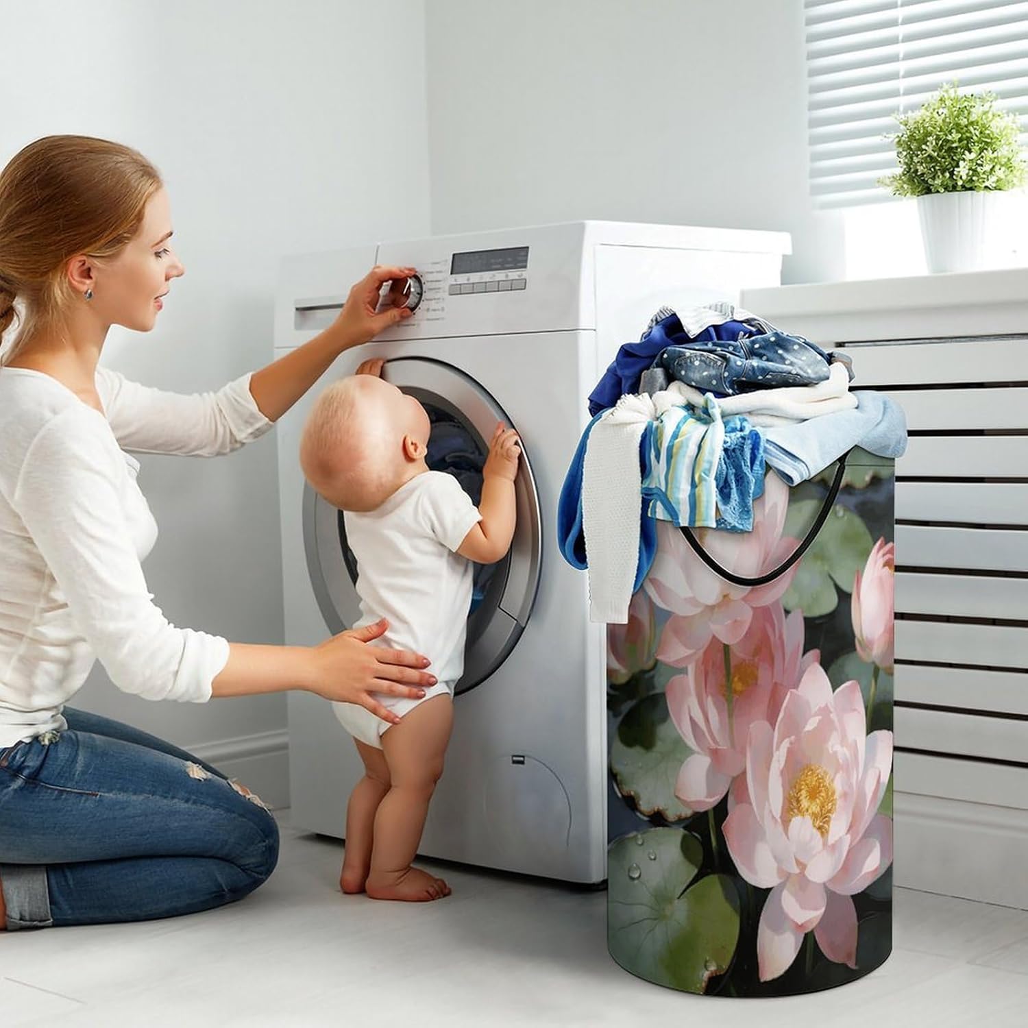 Bright Sunny Day, Lotus Flowers Laundry Hamper 86L Waterproof Collapsible Clothes Basket with Double Handles Freestanding Foldable Laundry Basket Large Clothes Hamper for Bathroom
