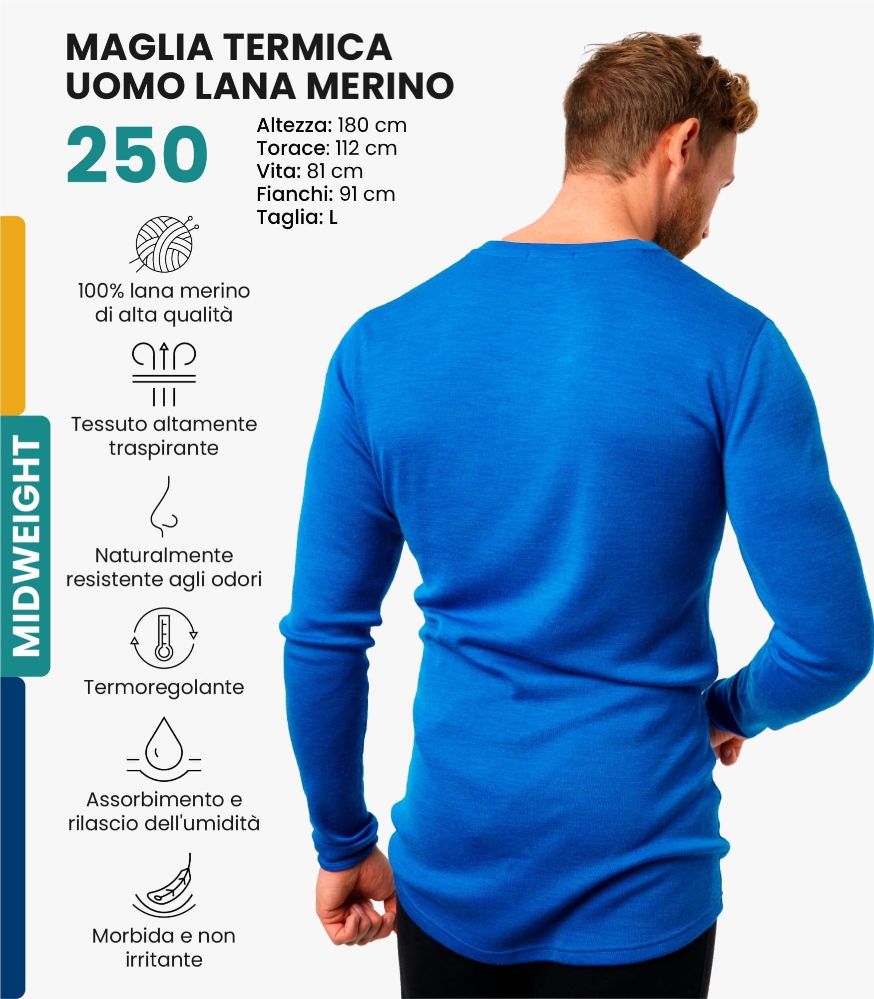 Merino.tech Maglia Termica Lana Merino Uomo - 100% Intimo Termico Lana Merino Uomo Leggero, Medio, Pesante con Calzini