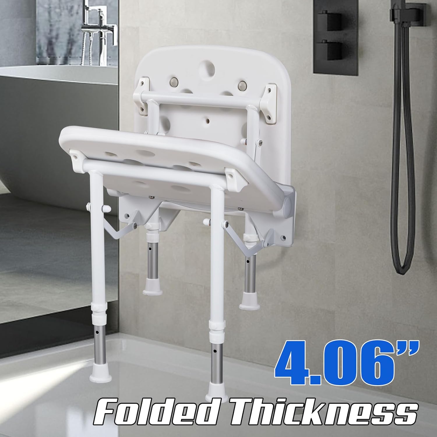 NEWTRY 15" Folding Shower Seat Wall Mounted with Bathroom Grab Bar, 550lb Fold Down Shower Seat Adjustable Height Foldable Shower Chair with Smart Suction Cup Handrail for Home Care & Bathroom
