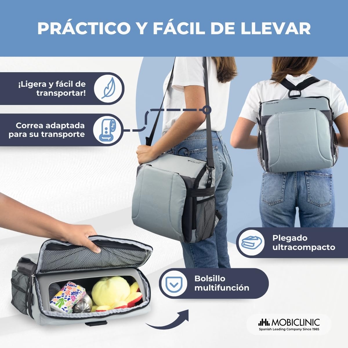Mobiclinic ®, Trona portátil bebé, Monkey, De viaje, 6 a 36 meses, Hasta 15kg, Plegable, Arnés ajustable 5 puntos, Con almacenamiento, Silla bebe, Color gris