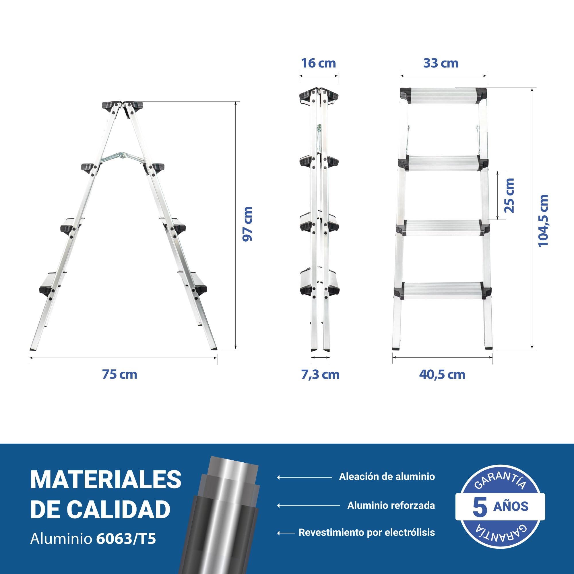 HOSTRÖM Escalera de 4 peldaños HOMILIX4, Escalera Plegable compacta, Aluminio, diseño Compacto y Robusto, Altura máxima de Trabajo de 2,59 m, garantía de 5 años.