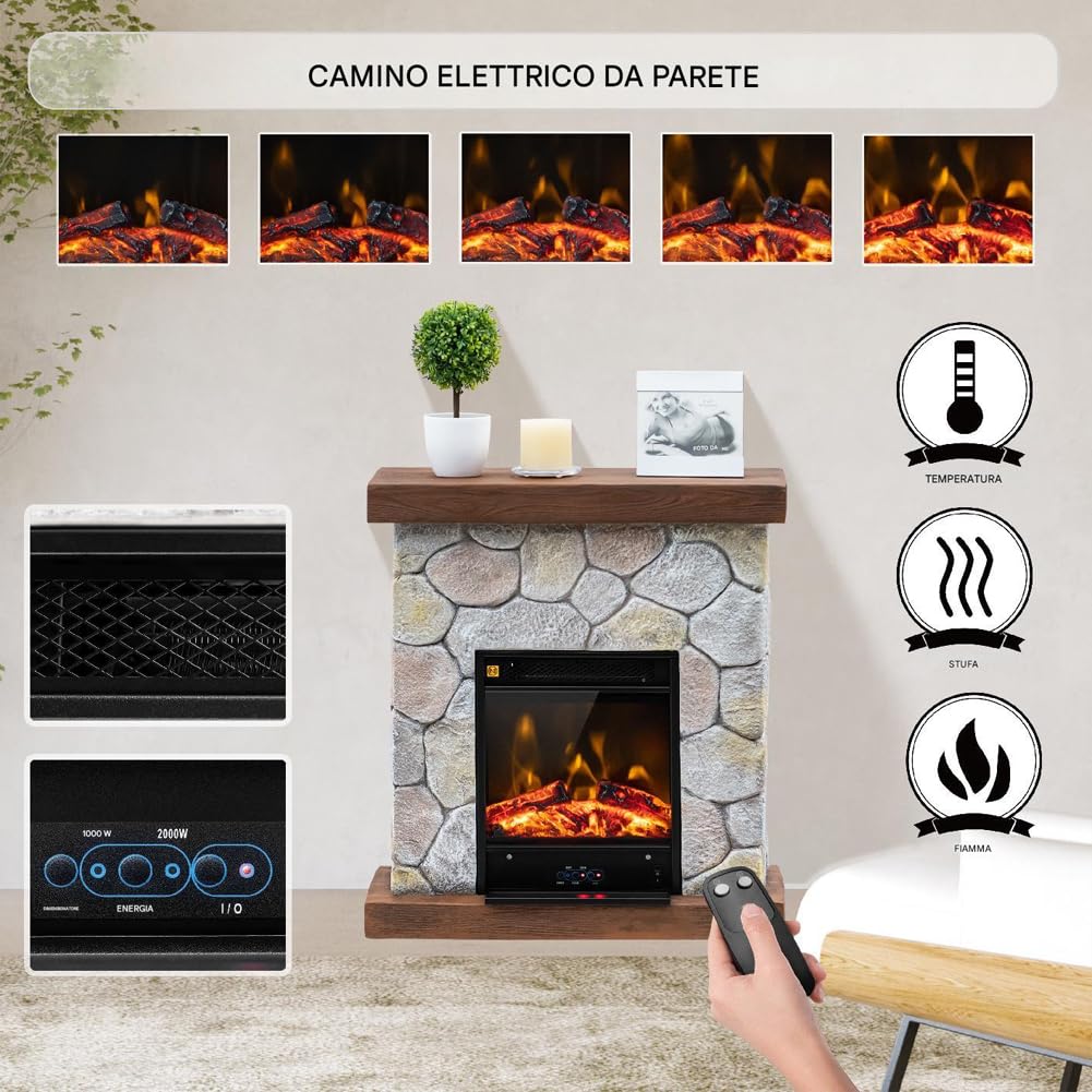 BAKAJI Camino Elettrico a Muro con Cornice Effetto Pietra Potenza 2000W, Caminetto Silenzioso con Telecomando, Stufa a Parete Effetto Fuoco Realistico, Termostato Digitale, Protezione Surriscaldamento