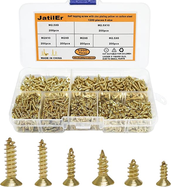 Self Tapping Screws 1200 Pcs, JatilEr Small Screws Brass Screws 6mm 8mm 10mm Screws Micro Screws Small Wood Screws Tiny Screws Used for Home And Office Equipment, Wooden Furniture, Maintenance