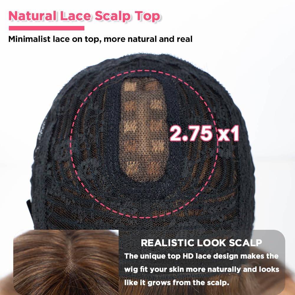 Rebecca Fashion 16 Inch Ombre Blonde Brown Straight Wig with Bangs Human Hair Silky Straight Bang Glueless Minimalist 2.75x1 Lace Scalp Wig for Women Glueless Wear and Go Brazilian Remy Hair - Image 3