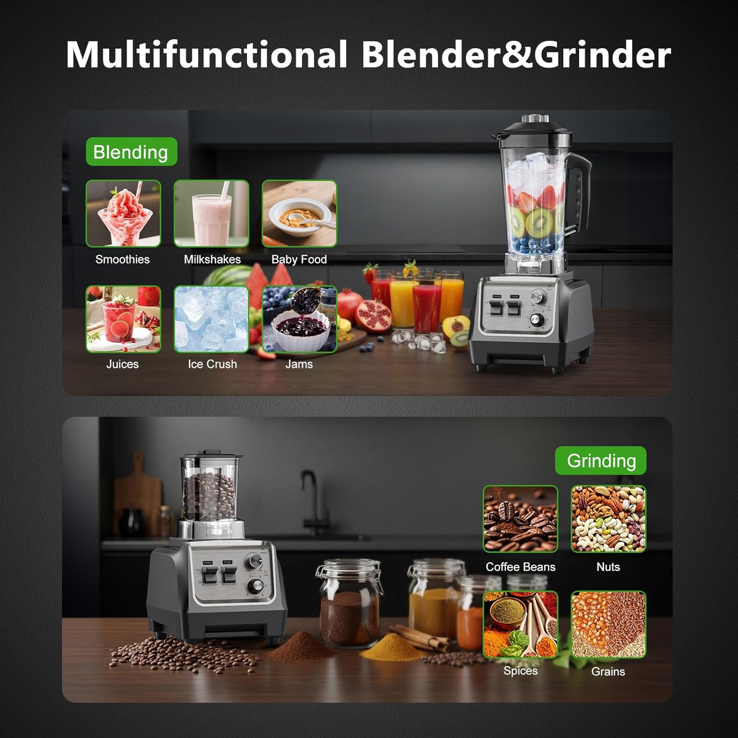 Blender for Smoothies with 1800 Watt Motor Powerful Countertop Blenders for Kitchen 70OZ Large Capacity Smoothie Blender and Grinder Combo for Ice Crush Frozen Drinks Puree