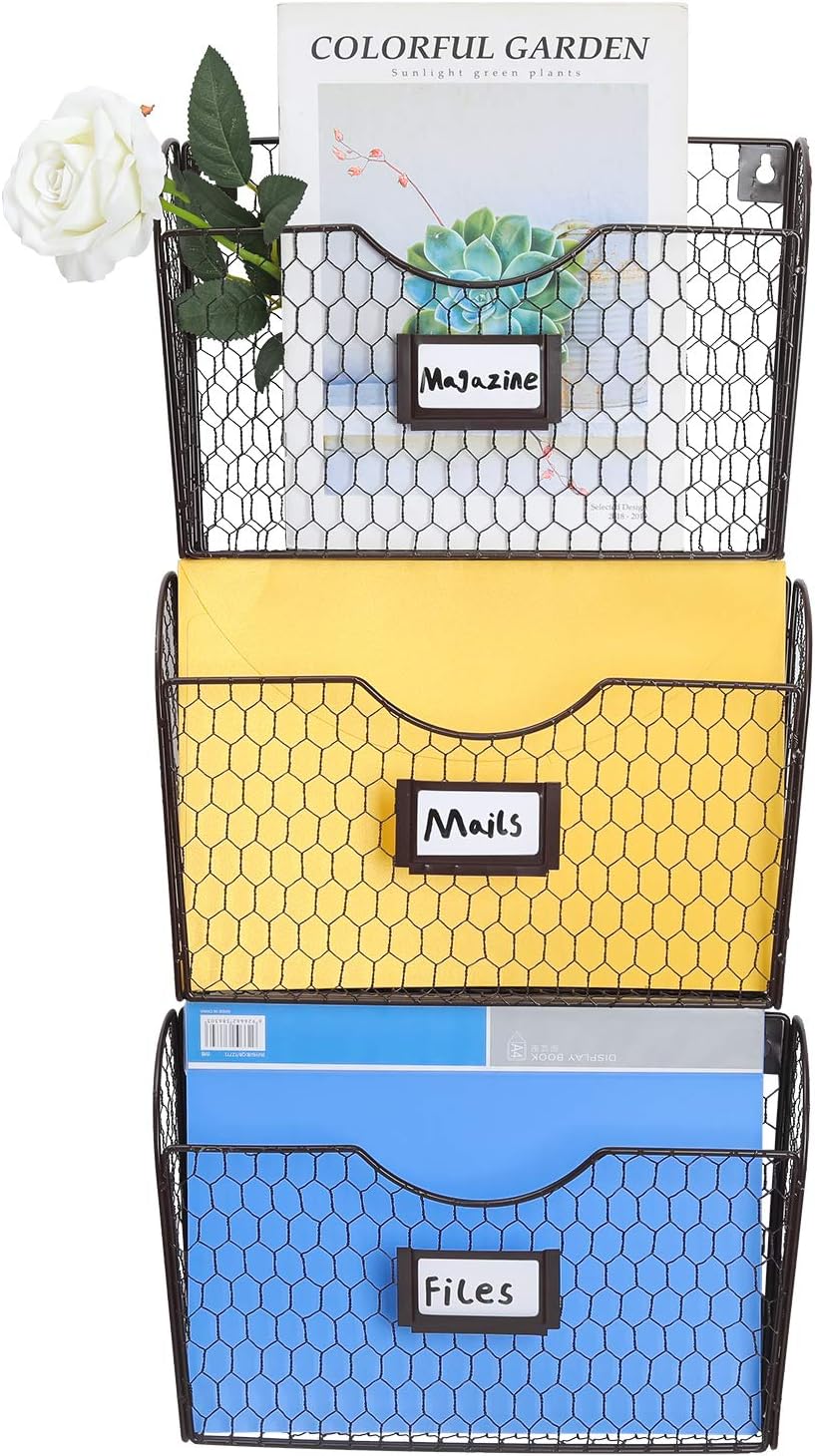 EasyPAG 3 Pockets Hanging File Organizer, Folder and Mail Holder for Wall, Metal Chicken Wire Baskets with Tag Slot, Black : Office Products