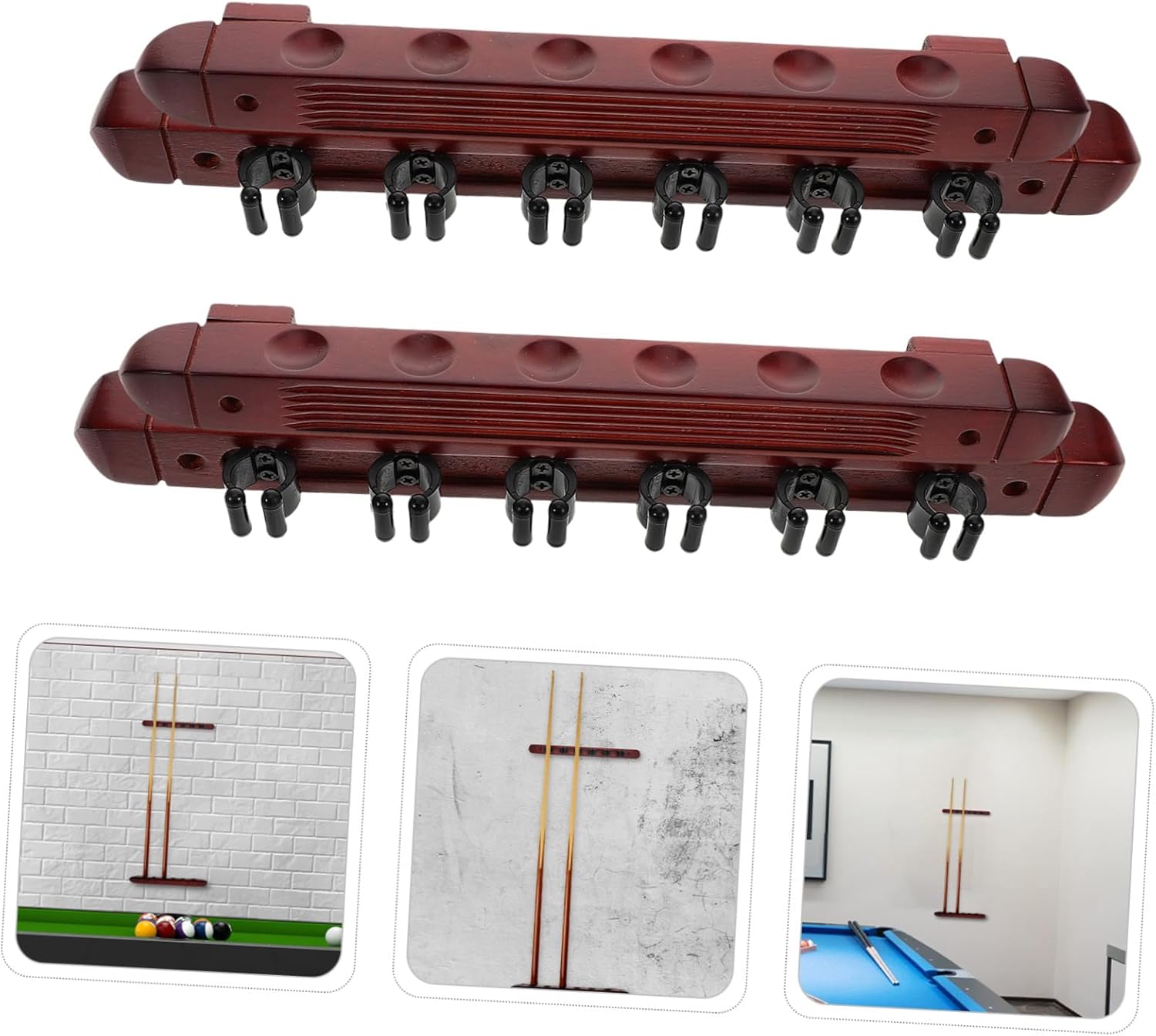 2 Sets Wall Mounted Pool Cue Organizer Rack Solid Wood Billiard Stick Display Stand with Burgundy Finish for Game Rooms Bars Clubs