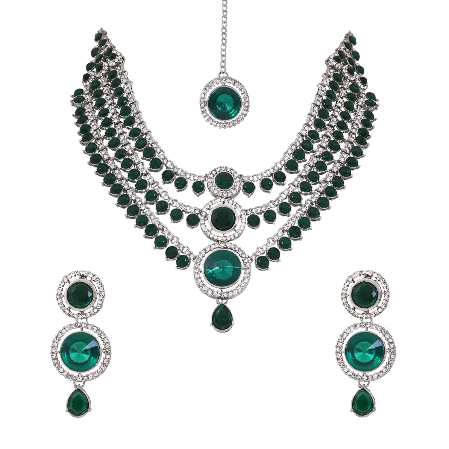 Silver Plated Traditional Multi-Layer Round Stone Necklace Jewellery With Earrings & Maang Tikka Set for Women-image-45