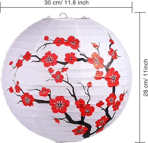 Miniatura 2 de Blulu Paquete de 6 faroles de papel chinos japoneses con flor de cerezo rojo para decoración de fiesta de boda y hogar, 11.8 x 11 pulgadas