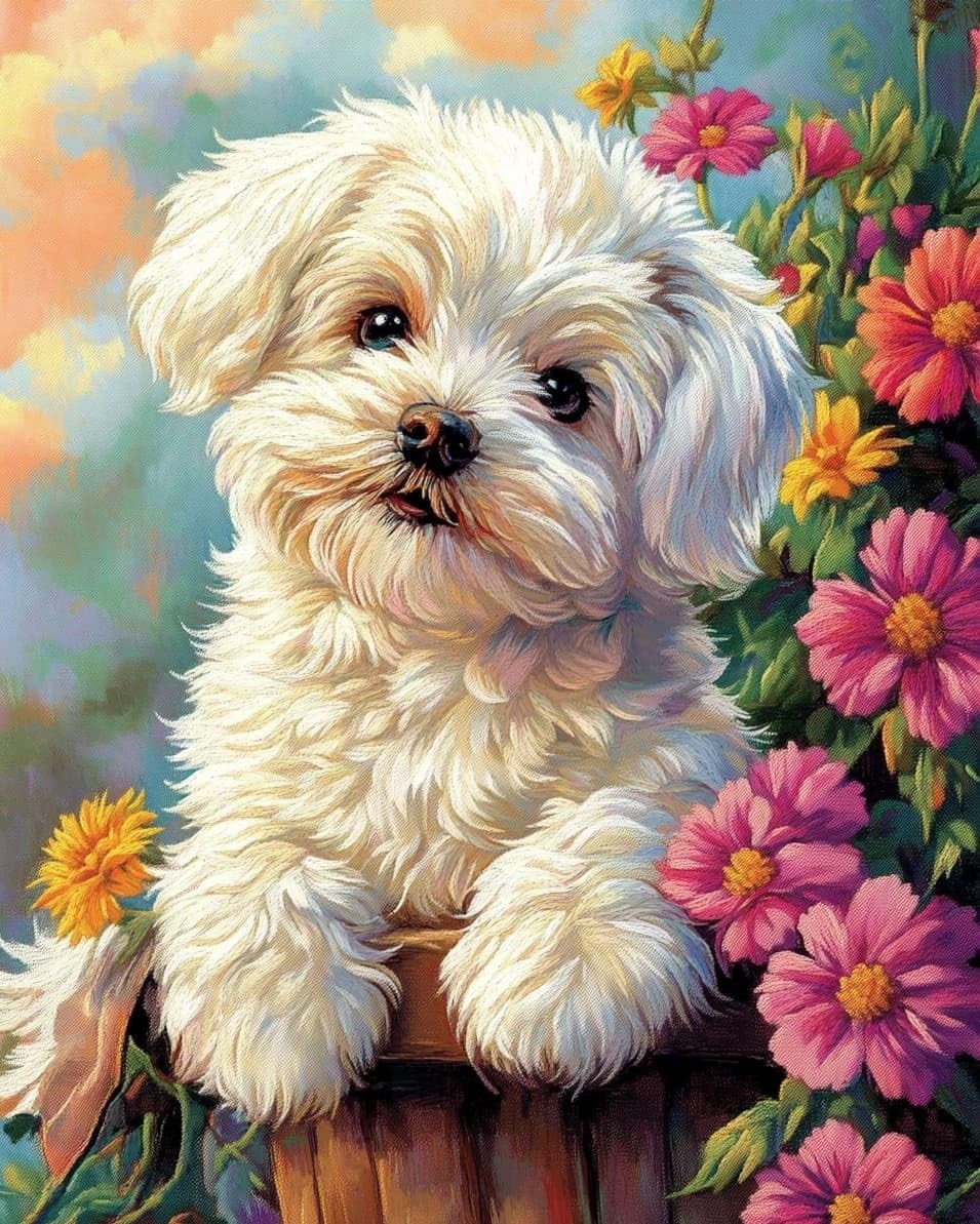 WallustrioaW Cross Stitch Kits,Flower and Bichon Frise,11CT Cross Stitch for Adults,Stamped Cross Stitch Kits Beginner Embroidery for Adults,40x50cm